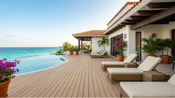  A typical Mexican Pacific-coast resort terrace finished with light teak co-extrusion WPC decking — slip-rated for wet pool environments and engineered to resist UV index 11+ exposure year-round