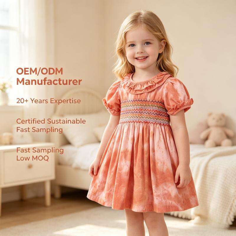 OEM/ODM Vintage 100% Cotton Smocked Baby Girl Dress | Eco-Friendly Plant-Dyed Toddler Dress | Custom Sustainable Botanical Tie-Dye Ruffle Kids A-Line Dress | Hand-Smocked Boutique Children Apparel Wholesale