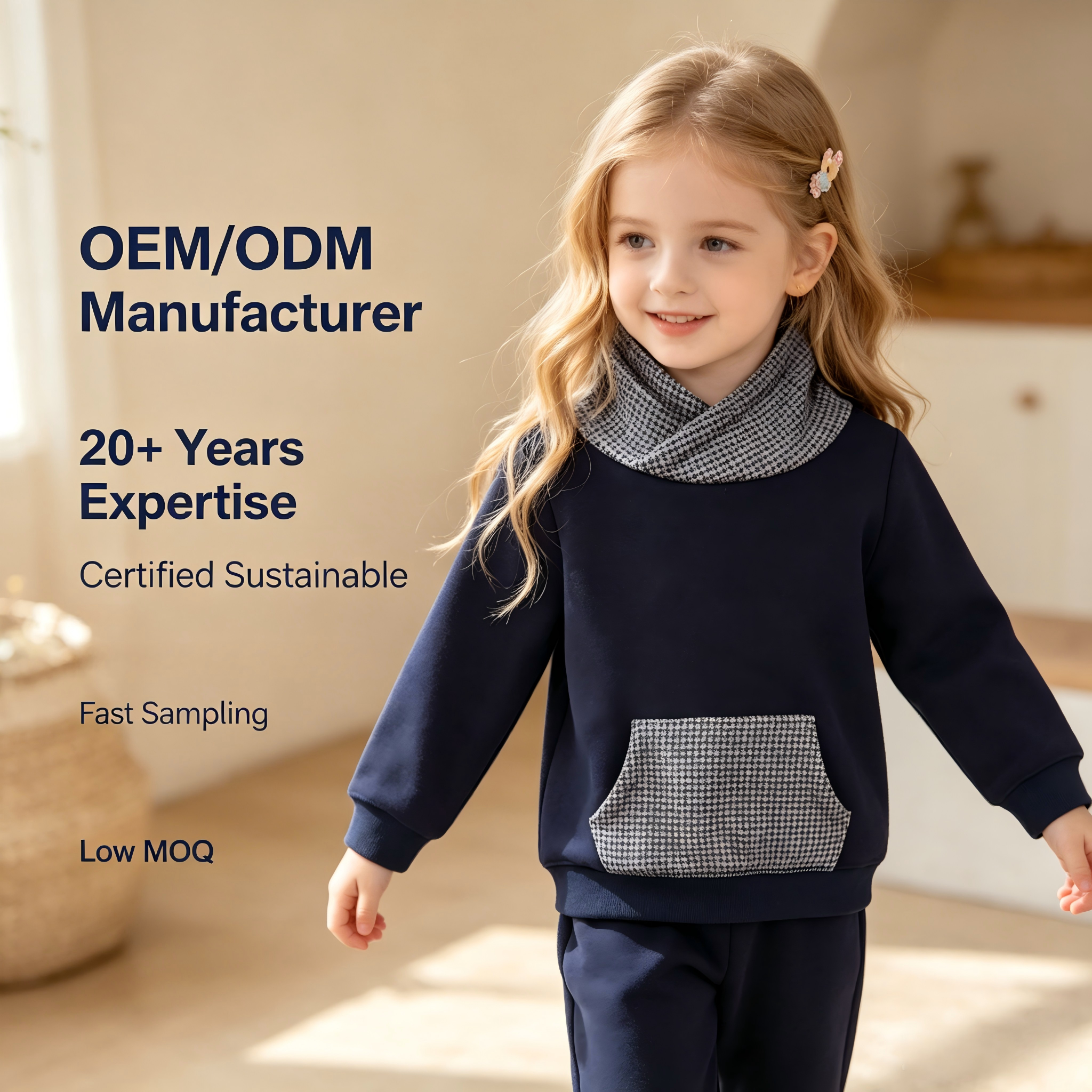 OEM ODM Baby Boy Girl Toddler Premium Cotton Fleece Hoodie Sweatshirt with Houndstooth Shawl Collar and Kangaroo Pocket - Customizable Colors and Sizes for Brands