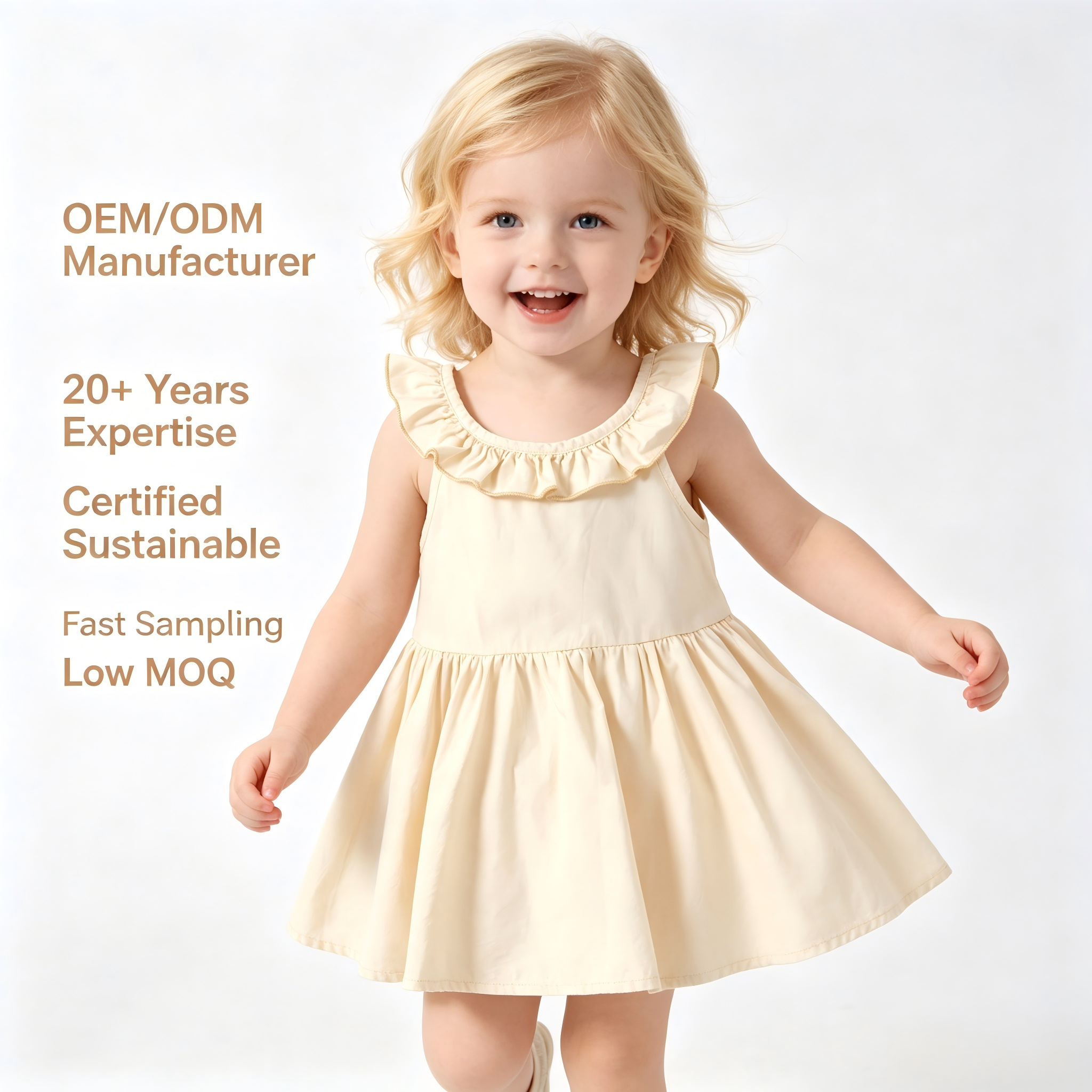 OEM/ODM 100% Cotton Ruffle Baby Girl Dress | Eco-Friendly Plant-Dyed Toddler Sun Dress | Custom Sustainable Botanical Sleeveless Kids Pinafore | Wholesale Premium Private Label Boutique Children Apparel