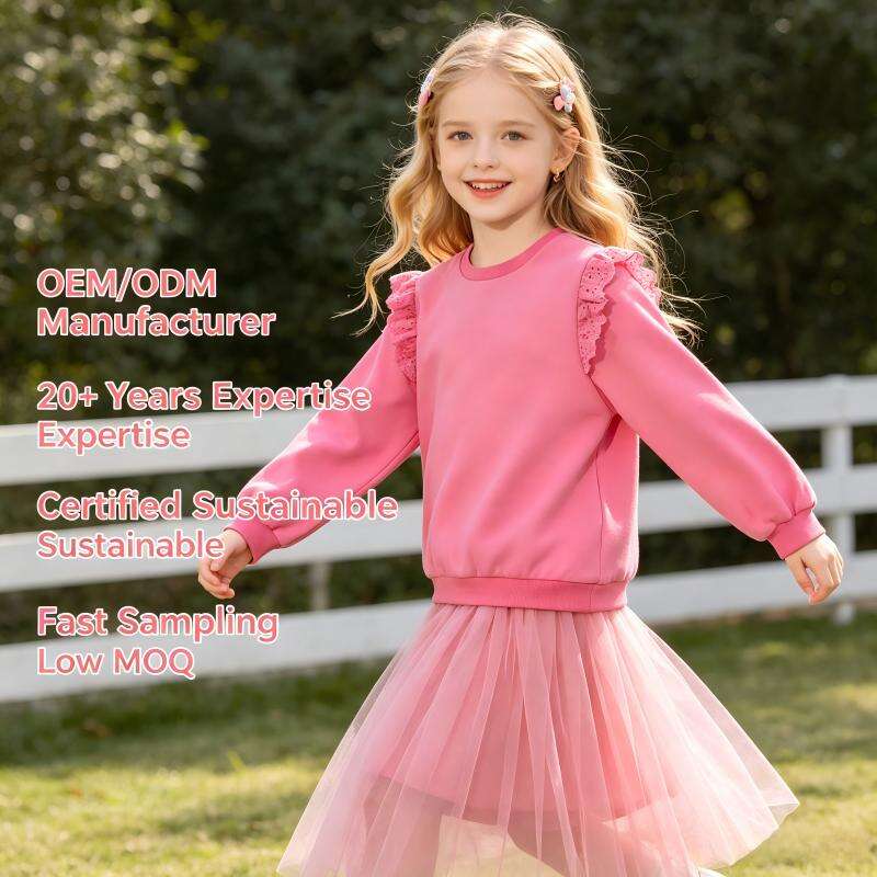 Custom OEM ODM Girls Crew Neck Sweatshirt, 100% Cotton Terry Kids Pullover with Eyelet Lace Ruffle Shoulder Detail, Custom Color & Logo Children Casual Top for Apparel Brands