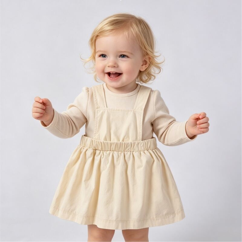 Op maat gemaakte, met plantenkleurstoffen gekleurde katoenen babyjurk met schouderbanden, zachte peuterjurk met pinafore-stijl, OEM/ODM, productie van kinderkleding voor exclusieve merken voor kinderkleding