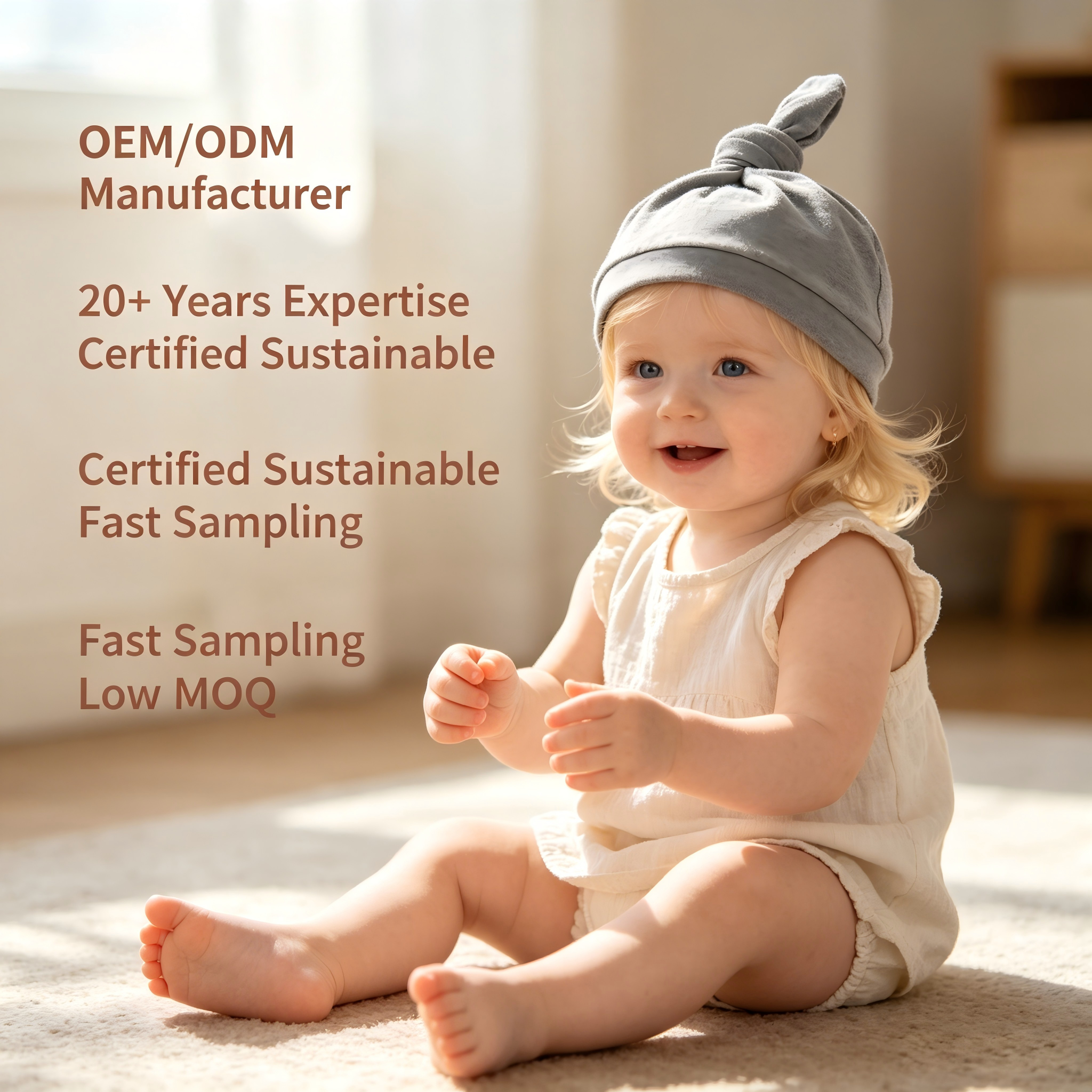 Bonnet bébé en coton biologique avec nœud sur le dessus – Chapeau gris pour nourrisson teint à base de plantes durables, destiné aux marques soucieuses de l’environnement – Fabricant spécialisé dans les couvre-chefs personnalisés pour nouveau-nés (OEM/ODM) – Accessoires respirants, non toxiques et sans produits chimiques pour tout-petits