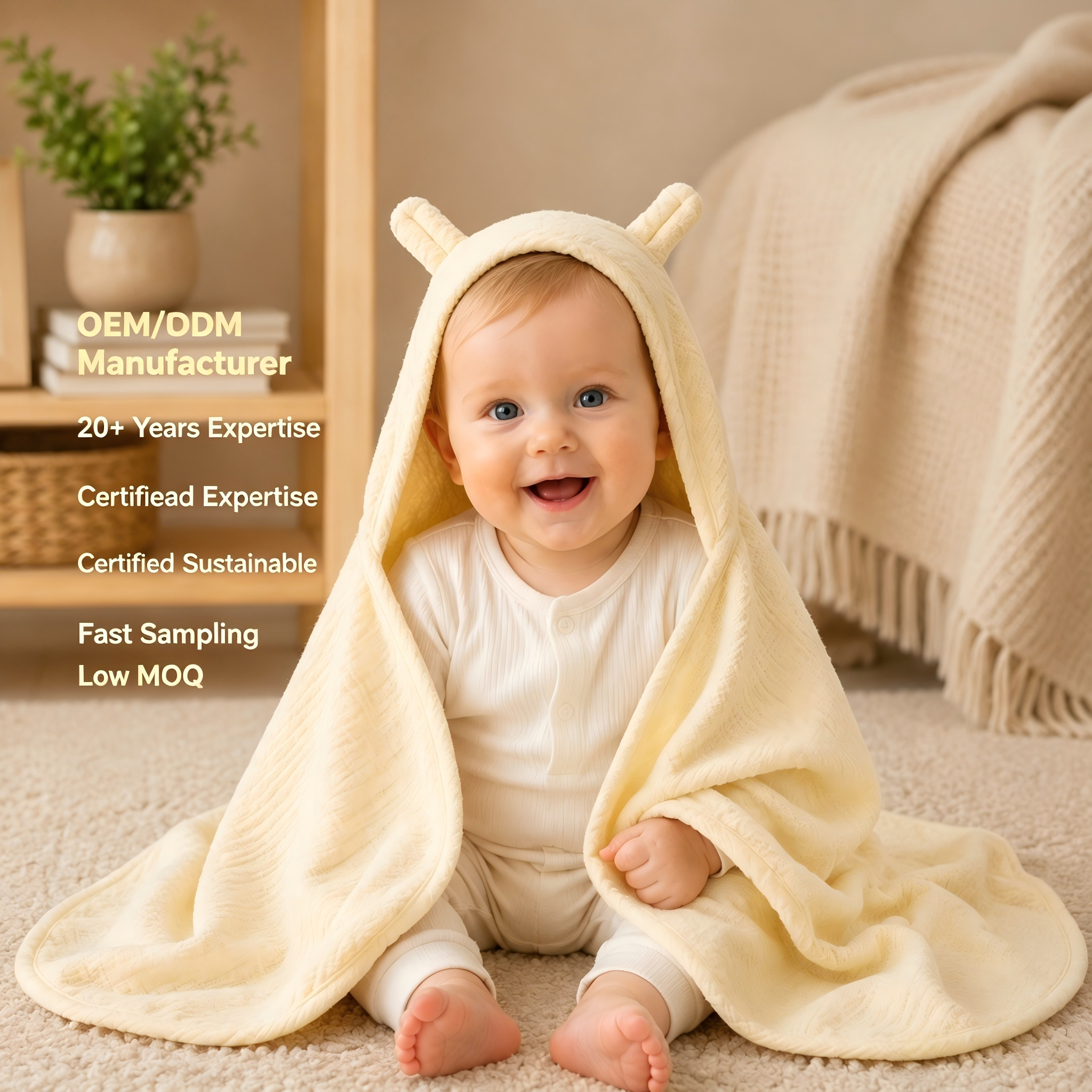 Fabricant personnalisé de couvertures bébé biologiques à capuche | Écharpe d’emmaillotage pour nourrissons en coton mousseline teint à base de plantes pour marques bébé, OEM et ODM