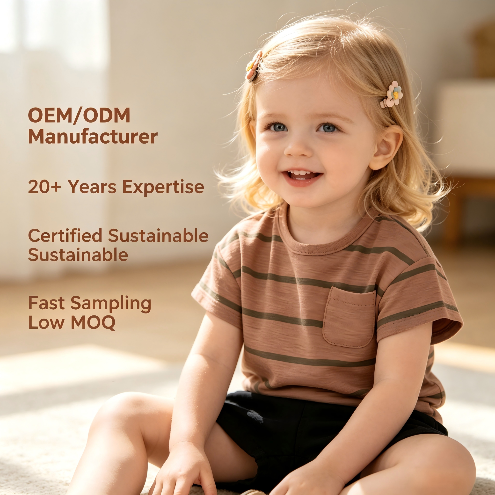 OEM/ODM Organic Cotton Striped Baby T-Shirt Short Sleeve Toddler Top with Chest Pocket | Back Neck Snap Infant Tee Custom Premium Children Apparel Manufacturer