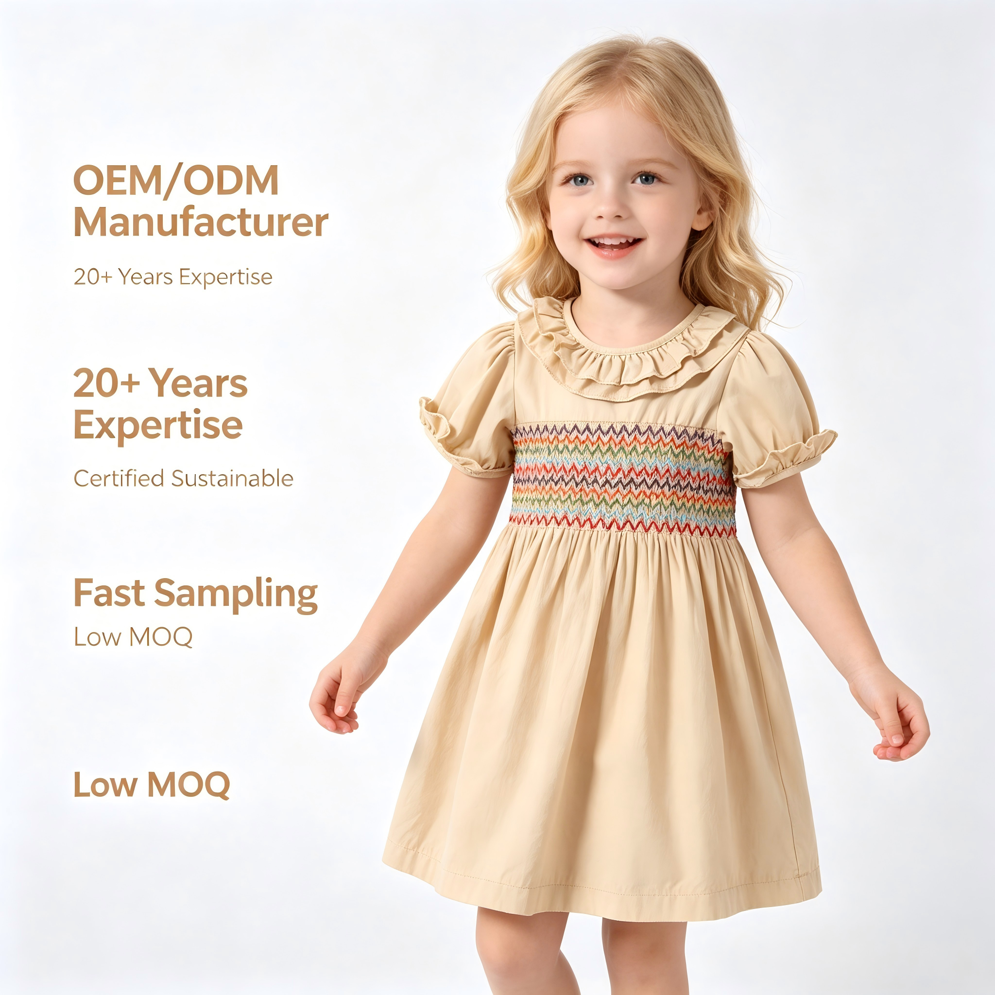 OEM/ODM Vintage 100% Cotton Smocked Baby Girl Dress | Eco-Friendly Plant-Dyed Toddler Dress | Custom Sustainable Botanical Ruffle Collar Kids A-Line Dress | Hand-Smocked Boutique Children Apparel Wholesale
