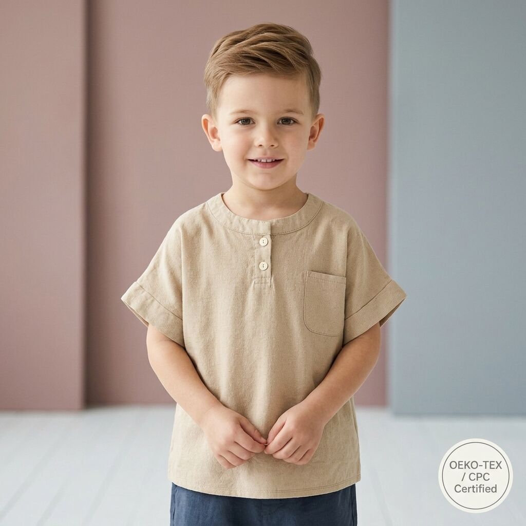 Custom Boys Cotton Linen T-Shirt 55% Cotton 45% Linen Short Sleeve Kids Summer Top OEM ODM Private Label Children's Clothing Manufacturer