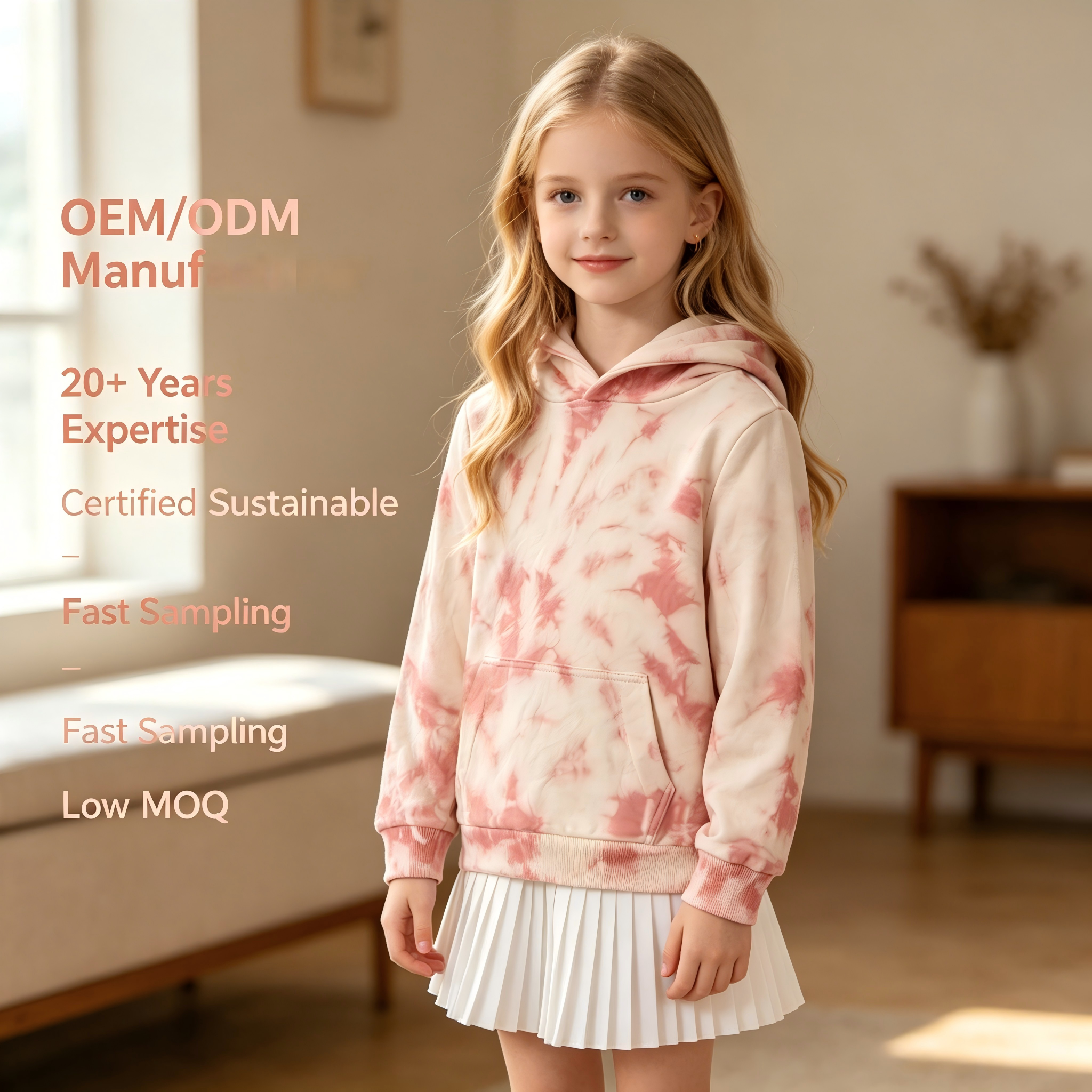 Sweat à capuche sans fermeture éclair pour enfants en coton 100 % tie-dye OEM/ODM | Sweat-shirt pour enfants en molleton français teint aux plantes, éco-responsable, 290 g/m² | Vêtement d’extérieur pour tout-petits aux teintes botaniques corail rose, durable et personnalisable | Vente en gros de vêtements avec marque privée, destinés aux boutiques