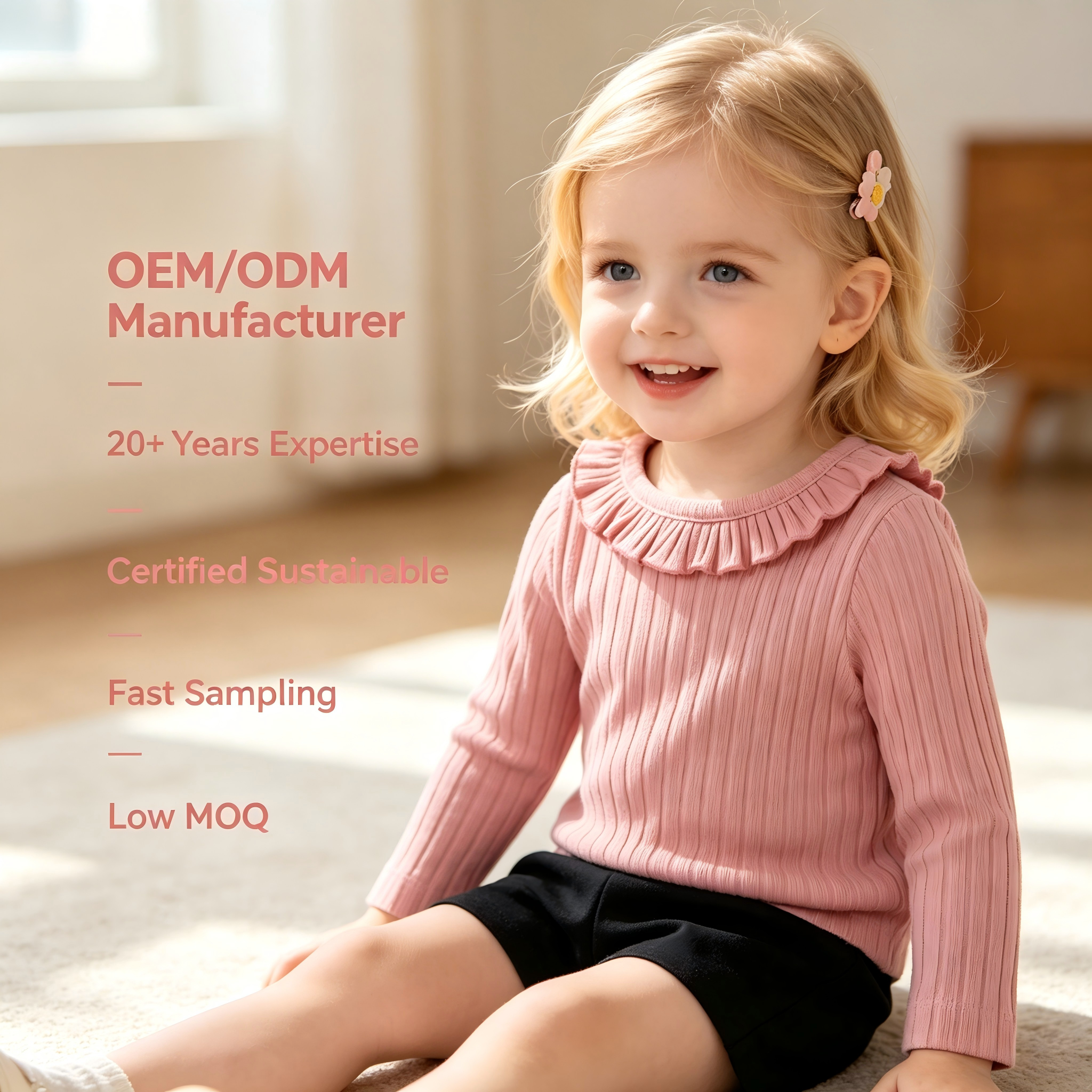 OEM/ODM Ribbed Baby Girl Top Long Sleeve Ruffle Collar Infant Shirt | Pink Frill Neck Toddler Pullover Blouse Custom Private Label Children Clothing Manufacturer