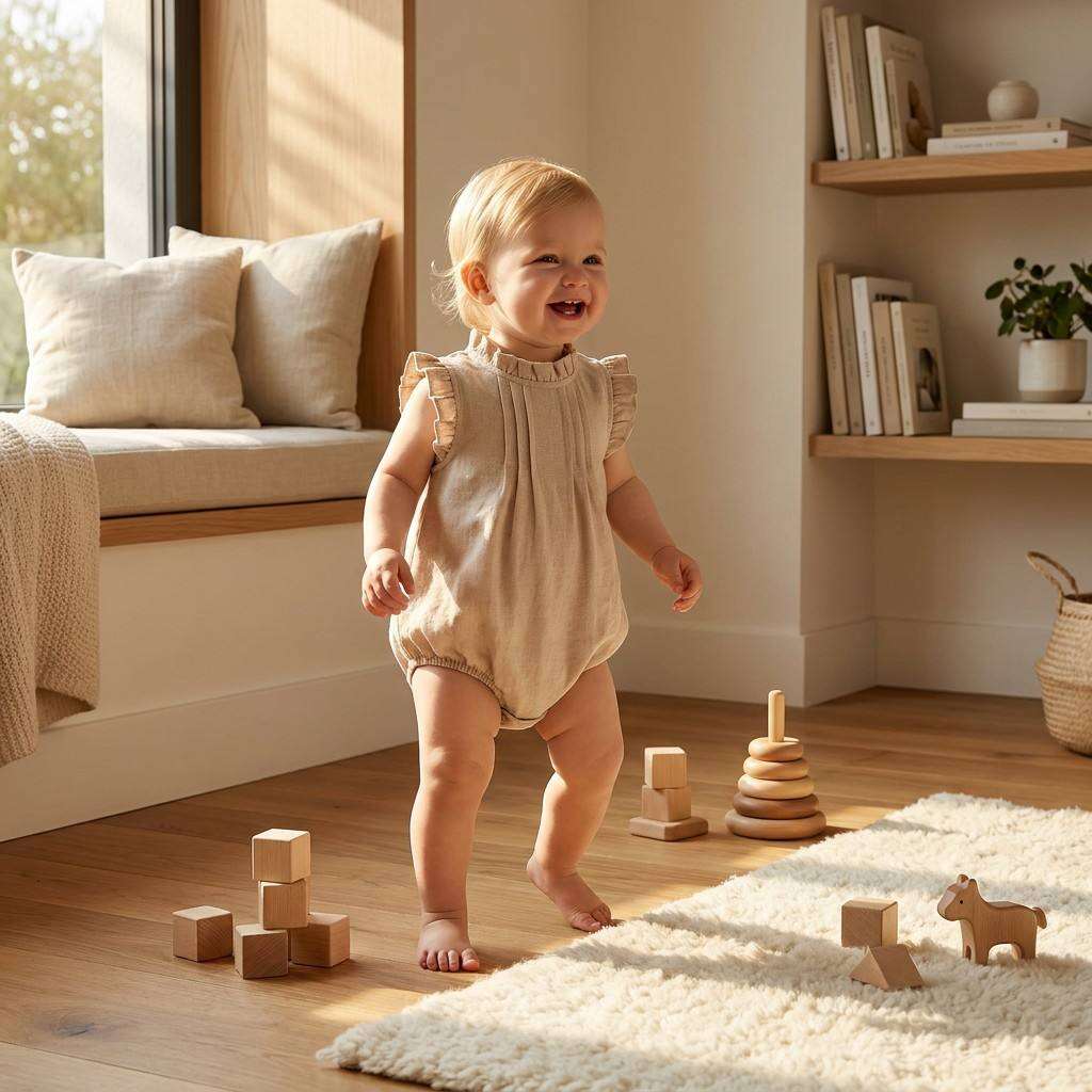 Custom Cotton Linen Baby Girl Romper | OEM ODM Infant Ruffled Pleated Bodysuit Manufacturer | Bulk Private Label Soft Breathable Newborn Toddler Ruffle Sleeve Sunsuit Supplier