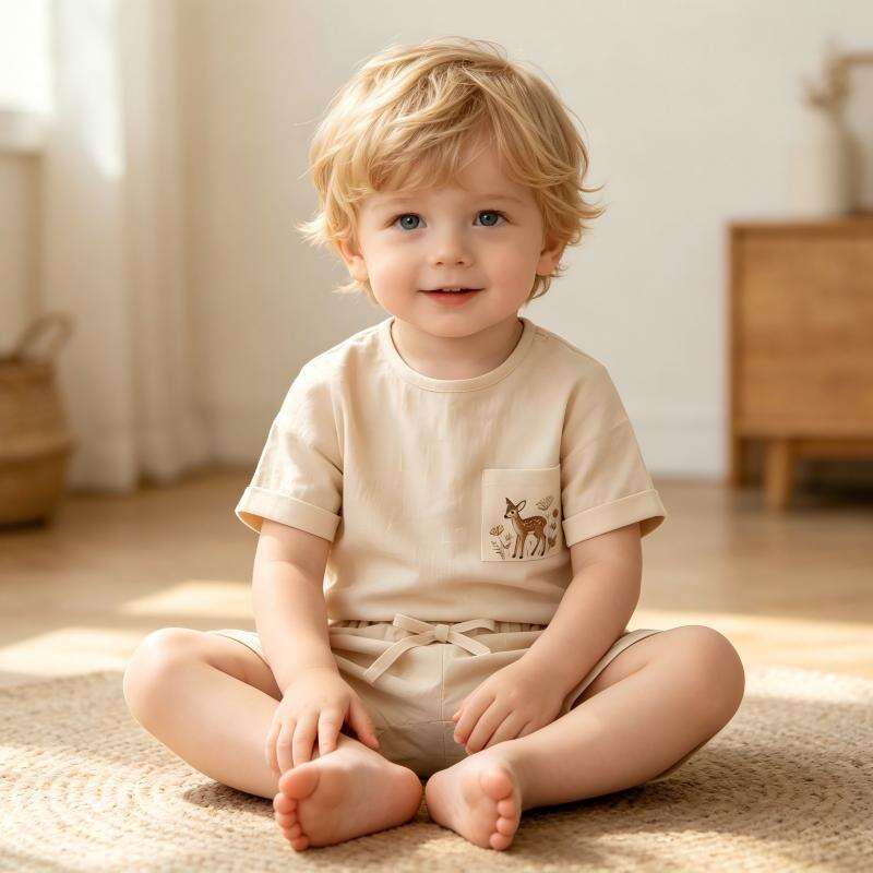 OEM Custom Cotton Linen Baby Clothing Set | Embroidered Deer Pocket T-Shirt & Shorts 2pcs Suit | Wholesale Breathable Short Sleeve Infant Loungewear Manufacturer