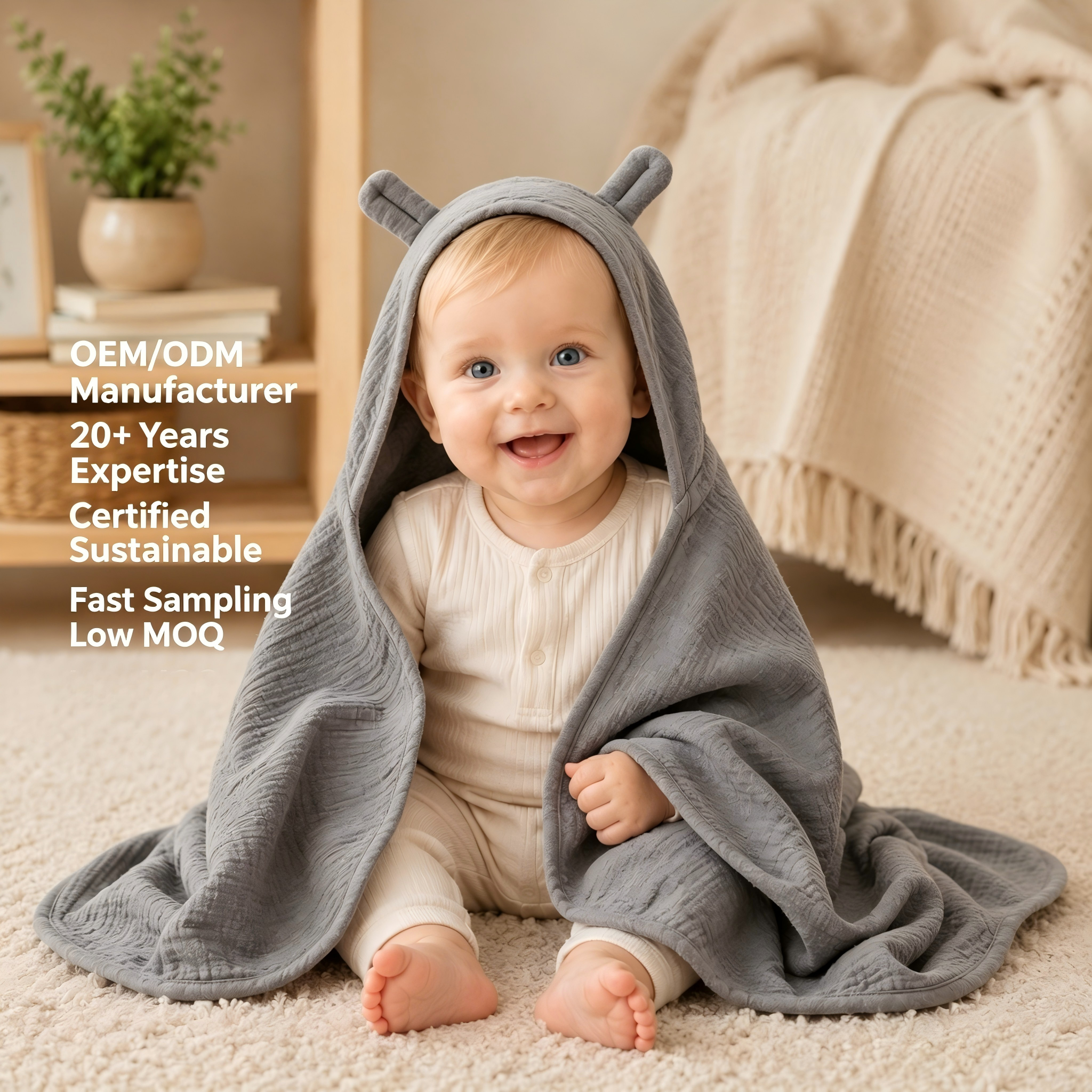 Fabricant personnalisé de couvertures bébé biologiques à capuche | Écharpe d’emmaillotage pour nourrissons en coton mousseline teint à base de plantes pour marques privées, OEM et ODM