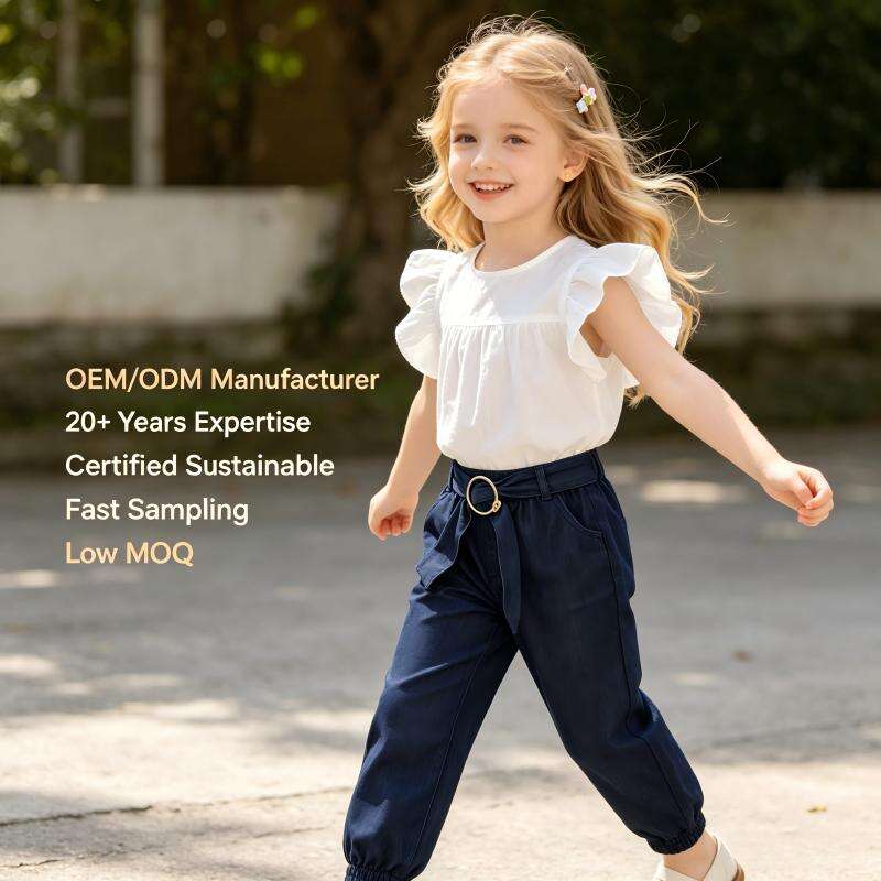 Organic Cotton Girls’ Denim-Style Jogger Pants with Belt | Premium Kidswear OEM