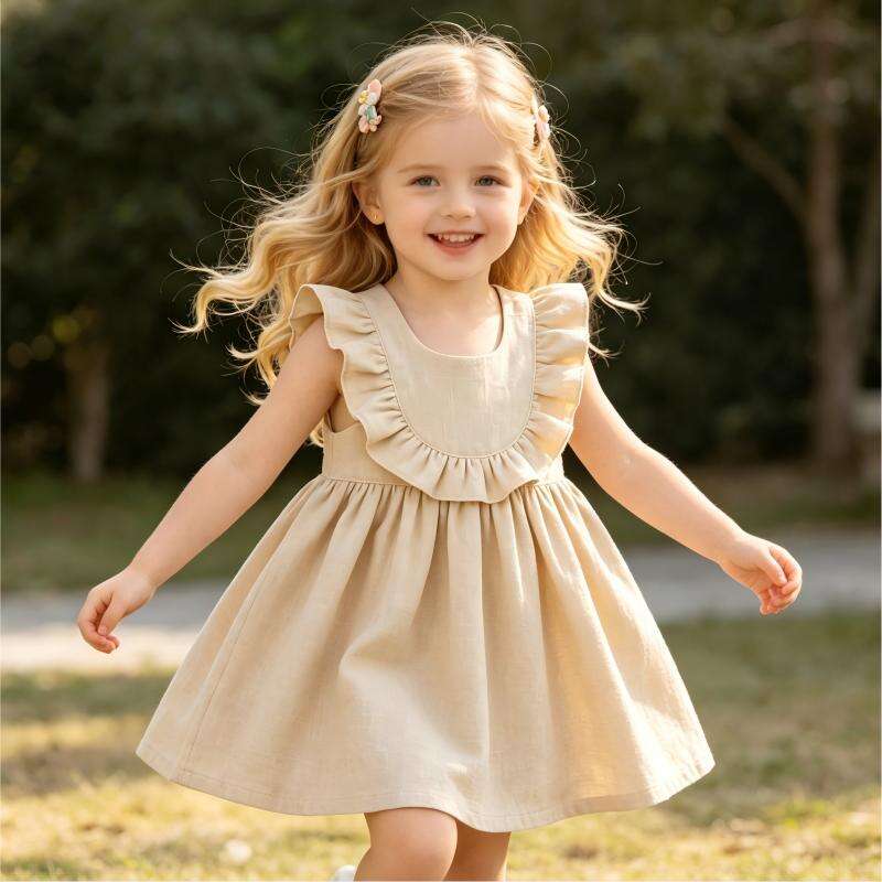 OEM ODM Baby Cotton Linen Ruffle Dress Custom Infant Sleeveless Dress 55% Cotton 45% Linen Toddler Summer Dress Boutique Baby Girl Dress Private Label Children's Clothing Manufacturer