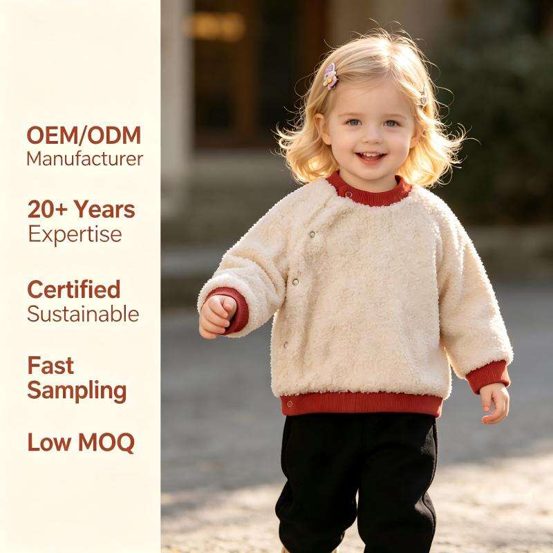 OEM/ODM varm Sherpa-fleece baby-sweatshirt | side-knapper til spædbørn med lange ærmer | tilpasselig vinterudendrag med ribbet kant | højkvalitet, engros levering af småbørns trøje med brugerdefineret etiket fra fabrik