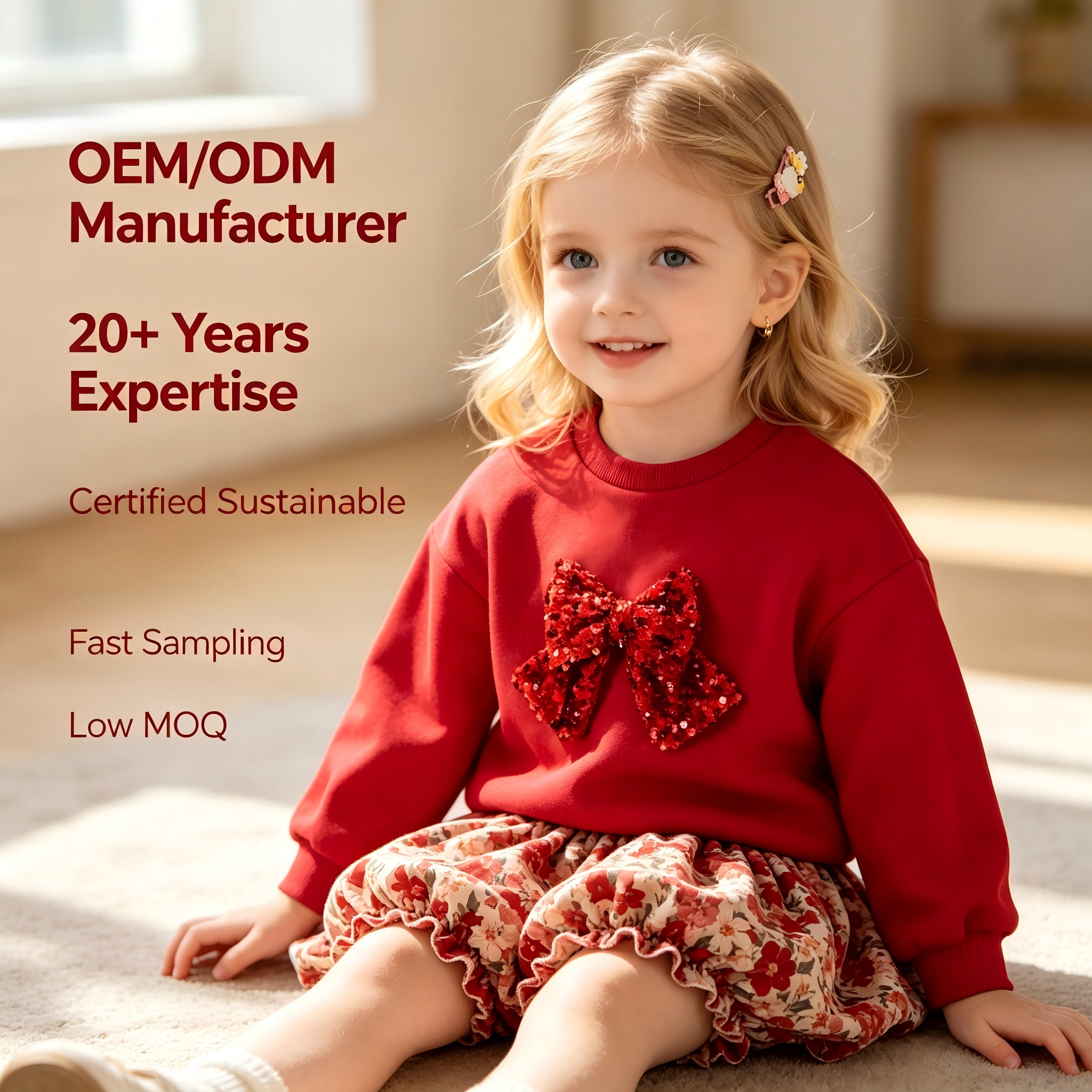 OEM/ODM Organic Cotton Baby Girl Red Sweatshirt with Sequin Bow | Festive Long Sleeve Toddler Pullover Holiday Party Top | Custom Private Label Infant Apparel Manufacturer