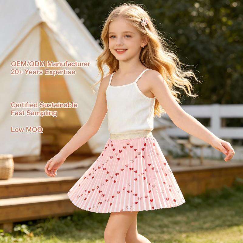OEM ODM Girls Recycled Polyester Pleated Skirt | Custom Pink Heart Print Kids Skirt Manufacturer | Sustainable Children’s Fashion Clothing Supplier