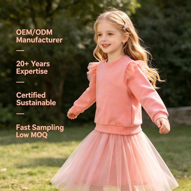 OEM/ODM Custom Kids' Pink Sweatshirt with Glitter Mesh Ruffle Shoulders - Soft Cotton Blend Long Sleeve Top for Girls, Bulk Manufacturing & Private Label Available