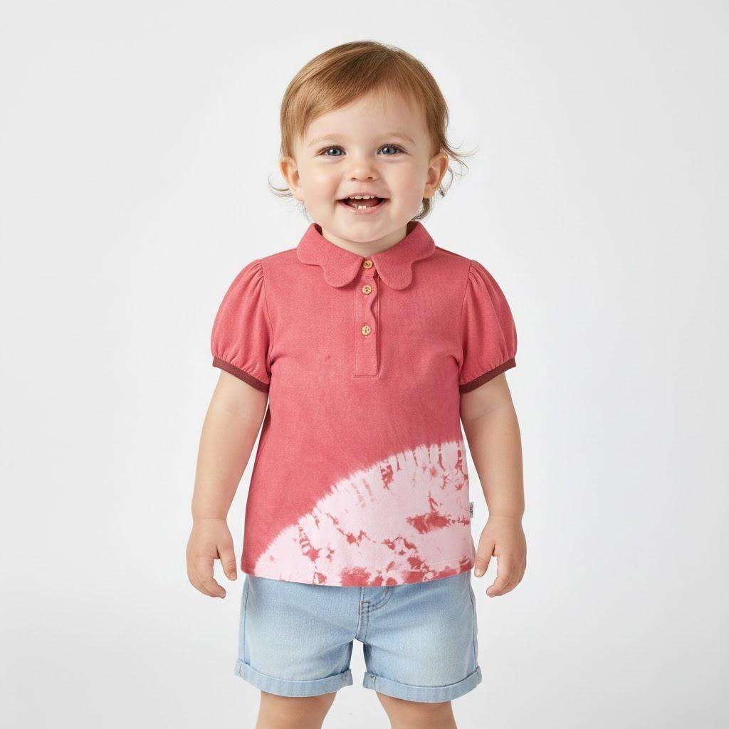 Chemisettes polo pour bébés filles, 100 % coton, OEM/ODM, teinture botanique naturelle à base de plantes, effet tie-dye, hauts pour nourrissons et tout-petits à col Peter Pan et manches bouffantes, personnalisables, vente en gros, marque privée