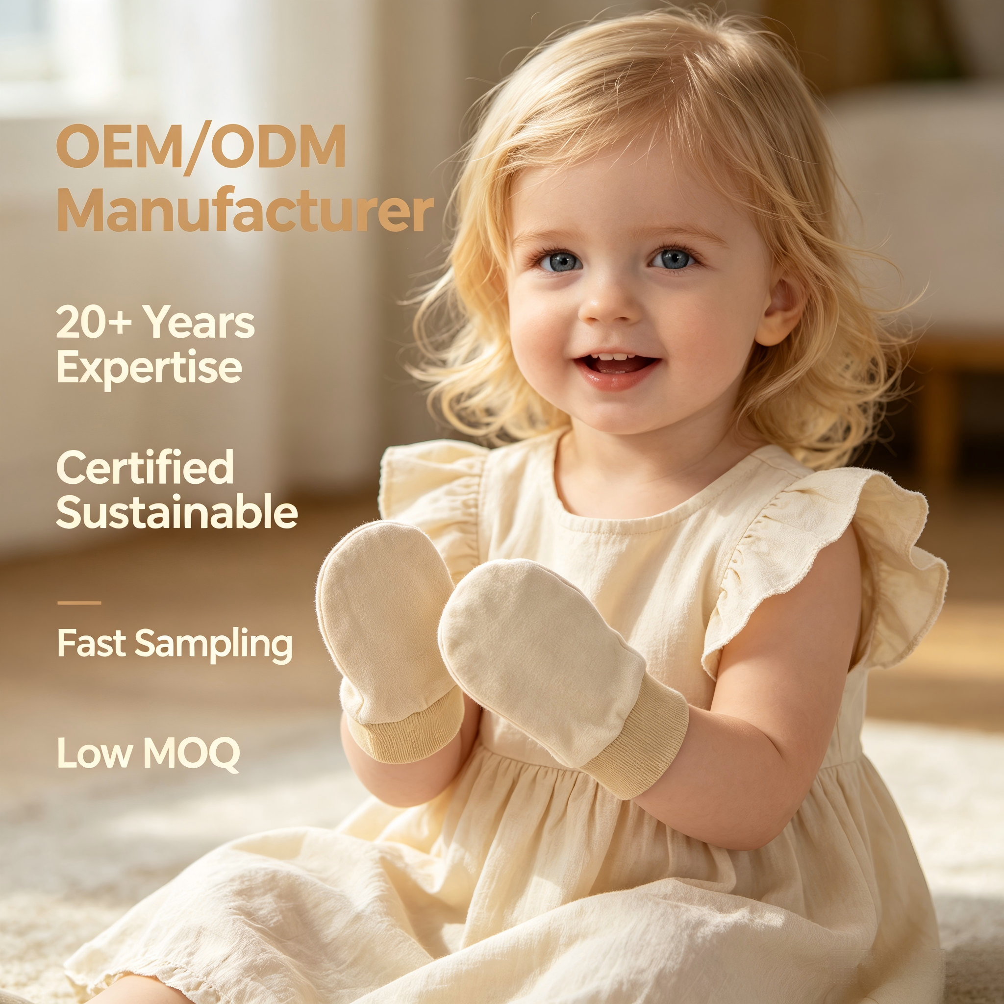 Ensemble bonnet et mitaines pour bébé en coton biologique – Bonnet ours pour nourrissons teint à base de plantes et mitaines anti-rayures, destiné aux marques soucieuses de l'environnement – Fabricant de couvre-chefs pour nouveau-nés sous marque propre (OEM) ou conception sous marque propre (ODM) personnalisé