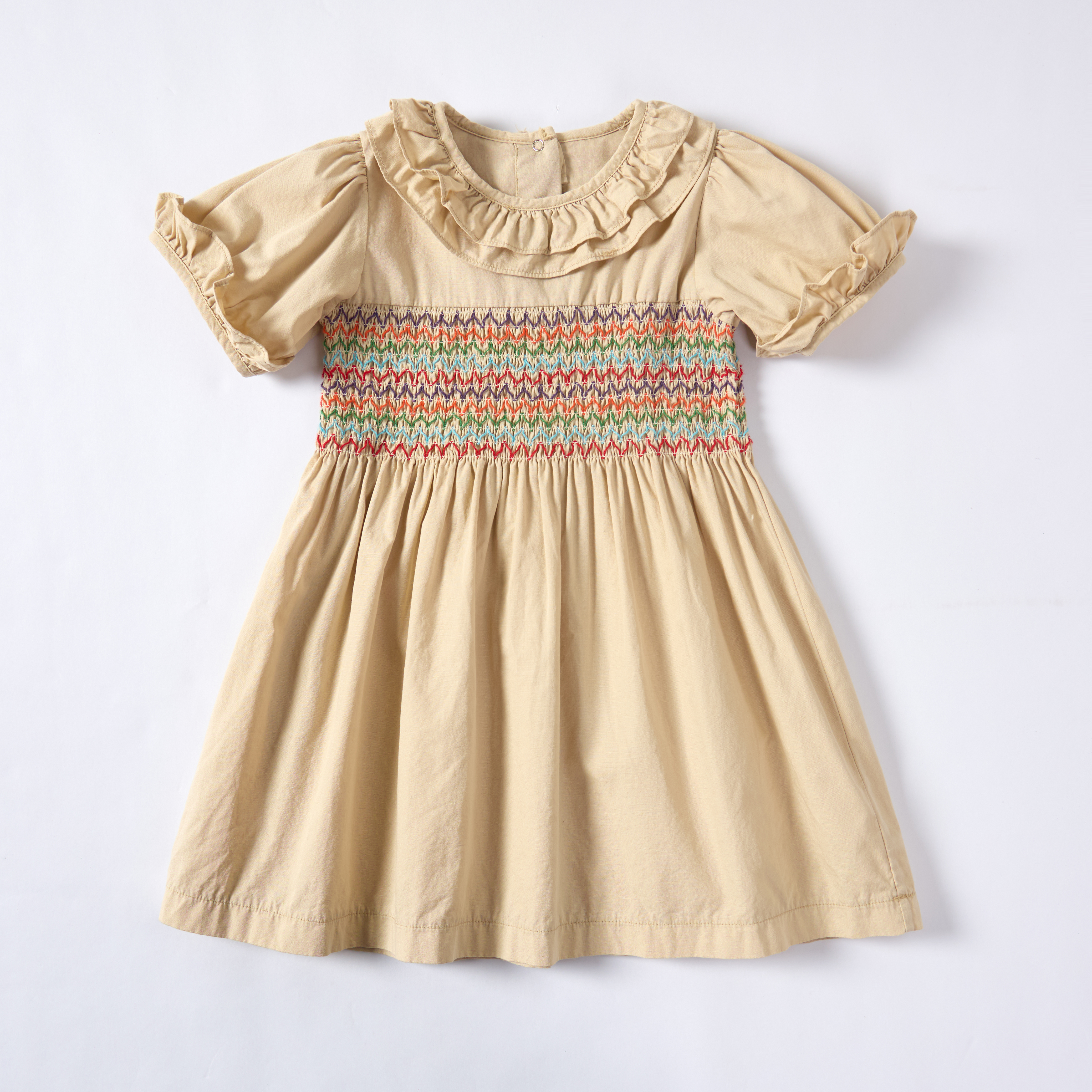 Khaki Sappanwood Pomegranate Peel Dyed Short-Sleeved Embroidered Smock Dress