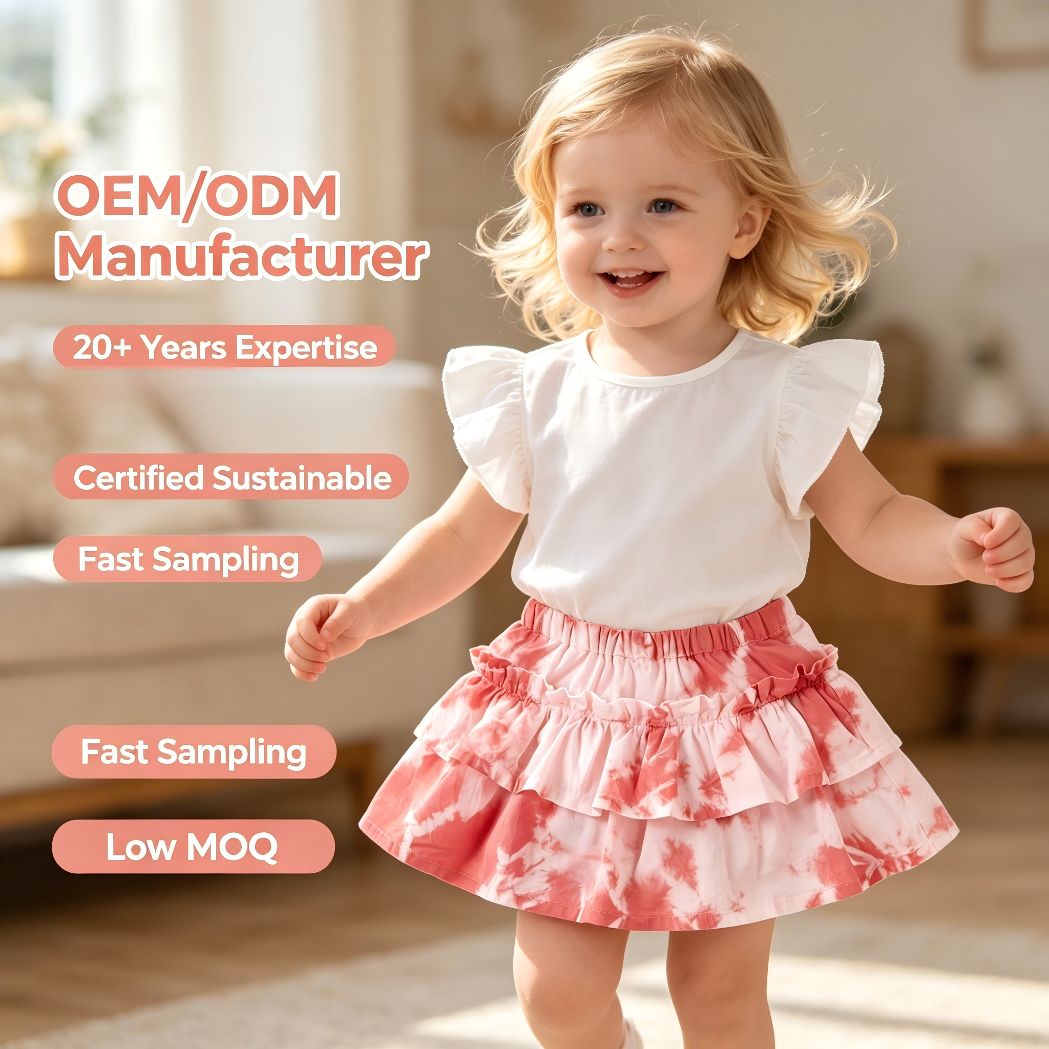 OEM/ODM 100% Cotton Baby Girls Tiered Ruffle Skirt Natural Plant Botanical Dyed Tie Dye Infant Toddler Kids Summer Layered Skirts Custom Wholesale Private Label