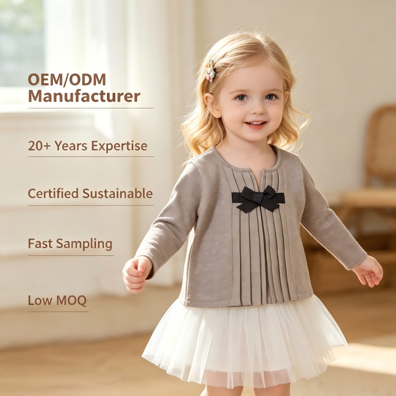 Brugerdefineret producent af strikkede tops til baby piger, OEM og ODM | Glitter-bluse til spædbørn med lange ærmer og bånddetalje | Leverandør af butikskvalitets babytøj til private mærkevarer