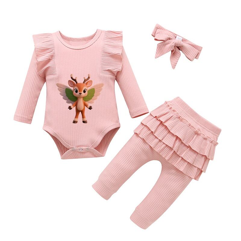 3-Piece Ribbed Ruffle Long Sleeve Bodysuit and Pants Set