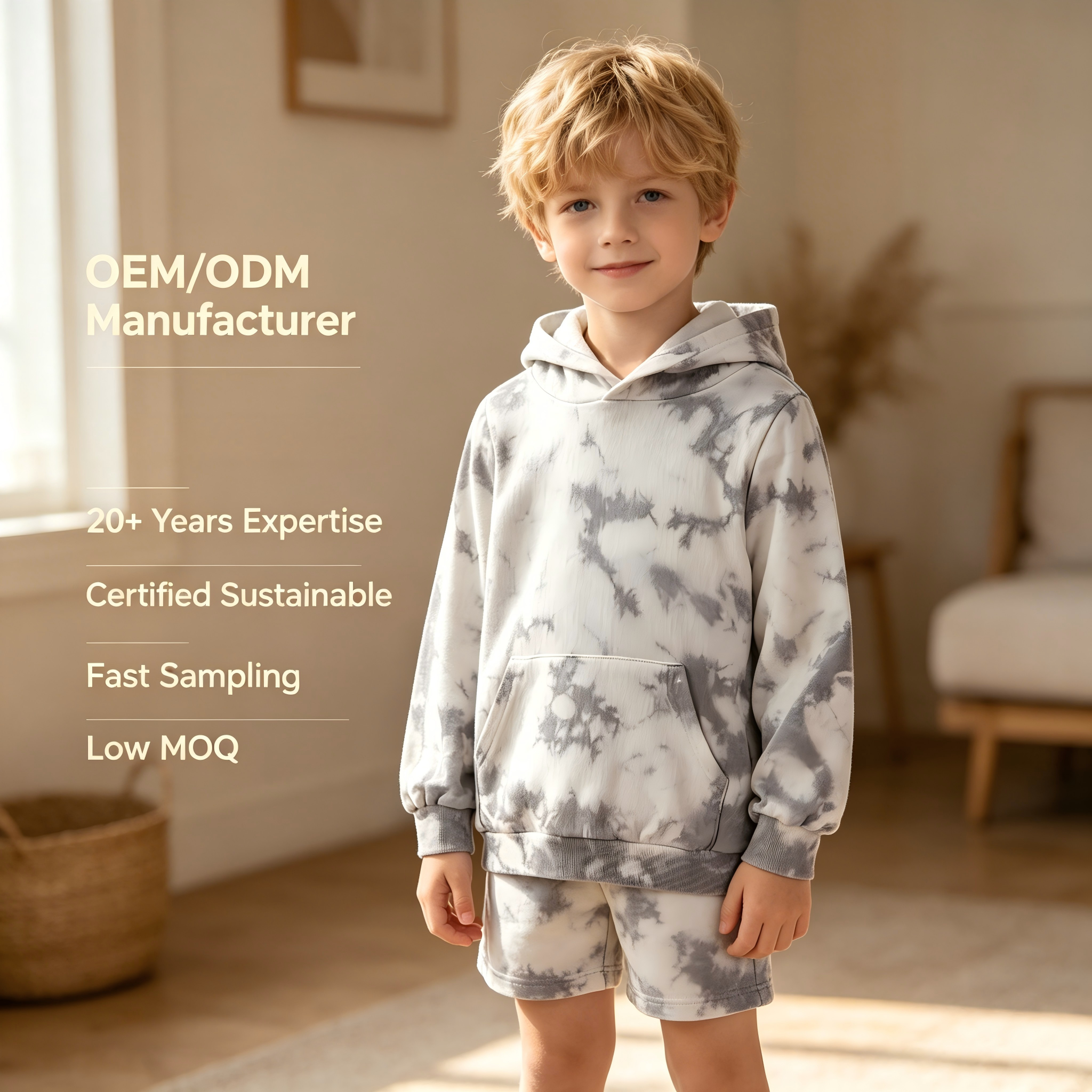 OEM/ODM Custom Children's Tie-Dye Hoodie | 100% Organic Cotton Grey Cloud Tie-Dye Pullover | Eco-Friendly Plant-Dyed Kids Sweatshirt for Private Label | Sustainable Non-Toxic Botanical Dye Toddler Wear | Wholesale Manufacturer