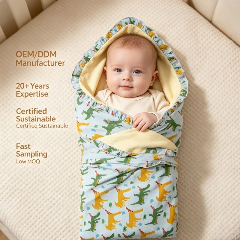 Custom Cartoon Crocodile Baby Swaddle Blanket | OEM ODM Infant Receiving Blanket with Ruffle Edge
