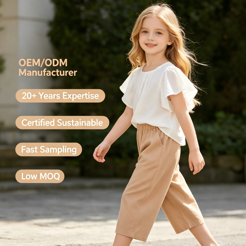 Custom Girls Cotton Linen Wide Leg Pants 55% Cotton 45% Linen Elastic Waist Kids Casual Trousers OEM ODM Private Label Children's Clothing Manufacturer