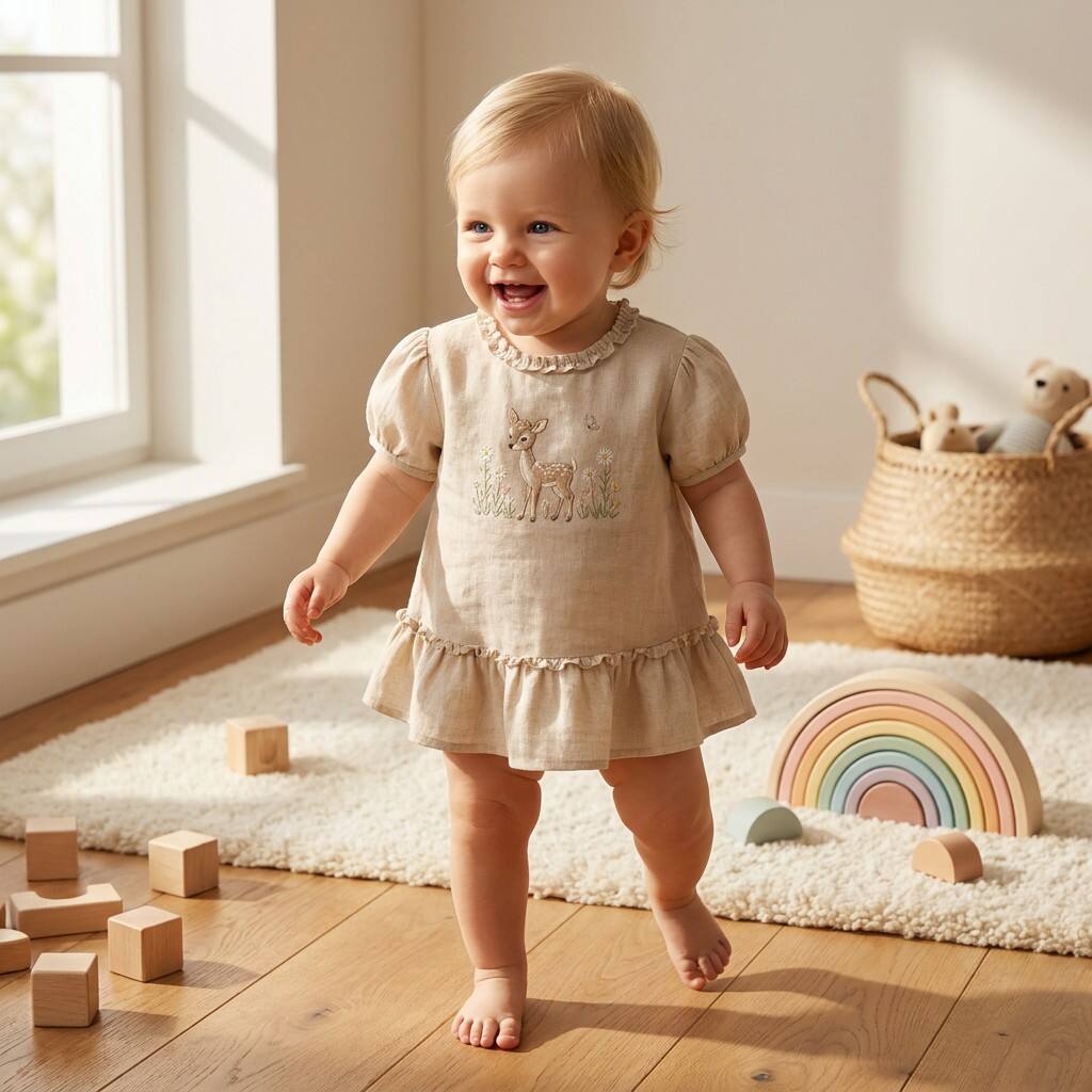 Custom Baby Girl Cotton Linen Dress 55% Cotton 45% Linen Embroidered Deer Ruffle Hem Dress OEM ODM Infant Boutique Clothing Manufacturer Private Label Baby Dress Supplier