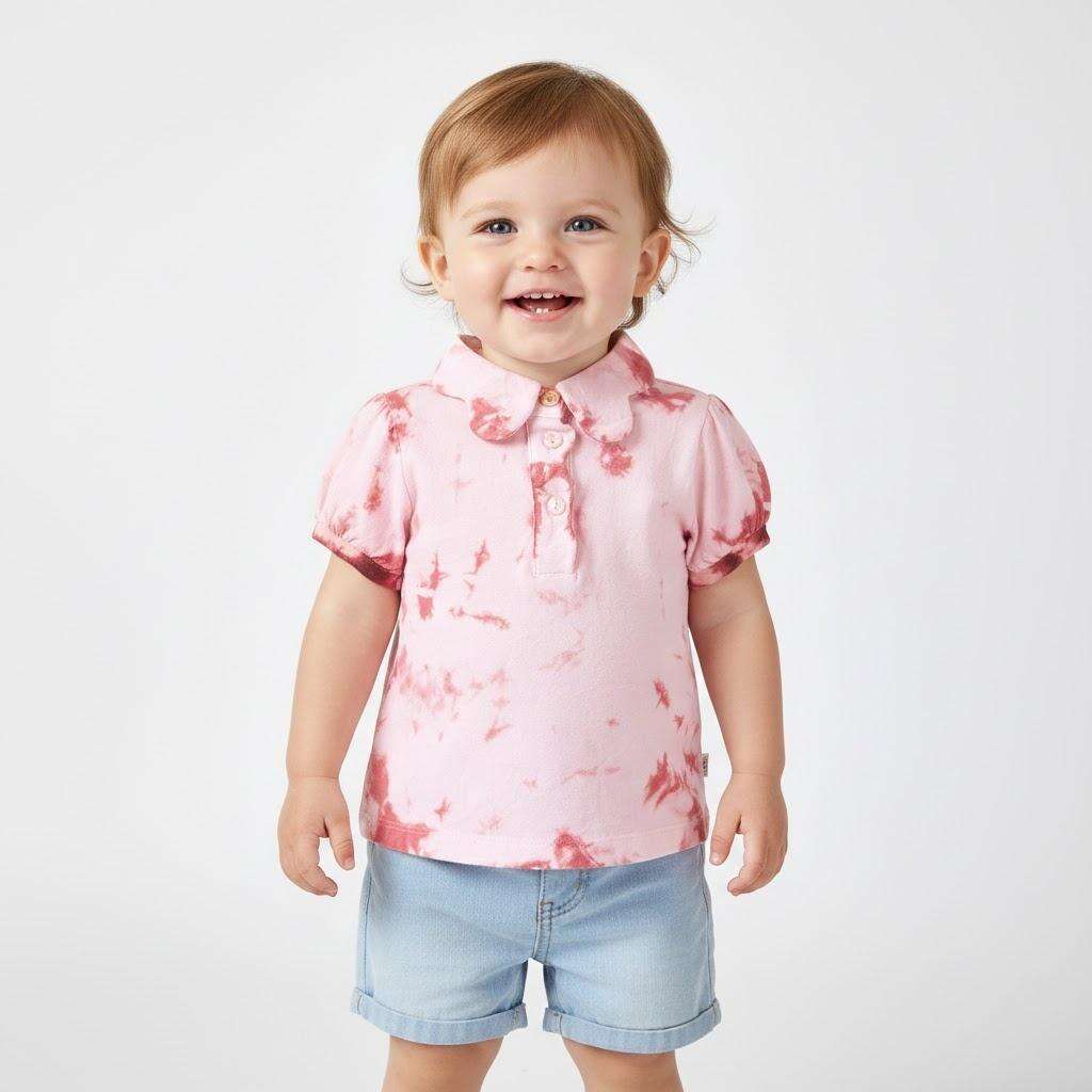 Chemisettes polo pour bébés filles, 100 % coton, OEM/ODM, teinture botanique naturelle à base de plantes, effet tie-dye, hauts pour nourrissons et tout-petits à col Peter Pan et manches bouffantes, personnalisables, vente en gros, marque privée
