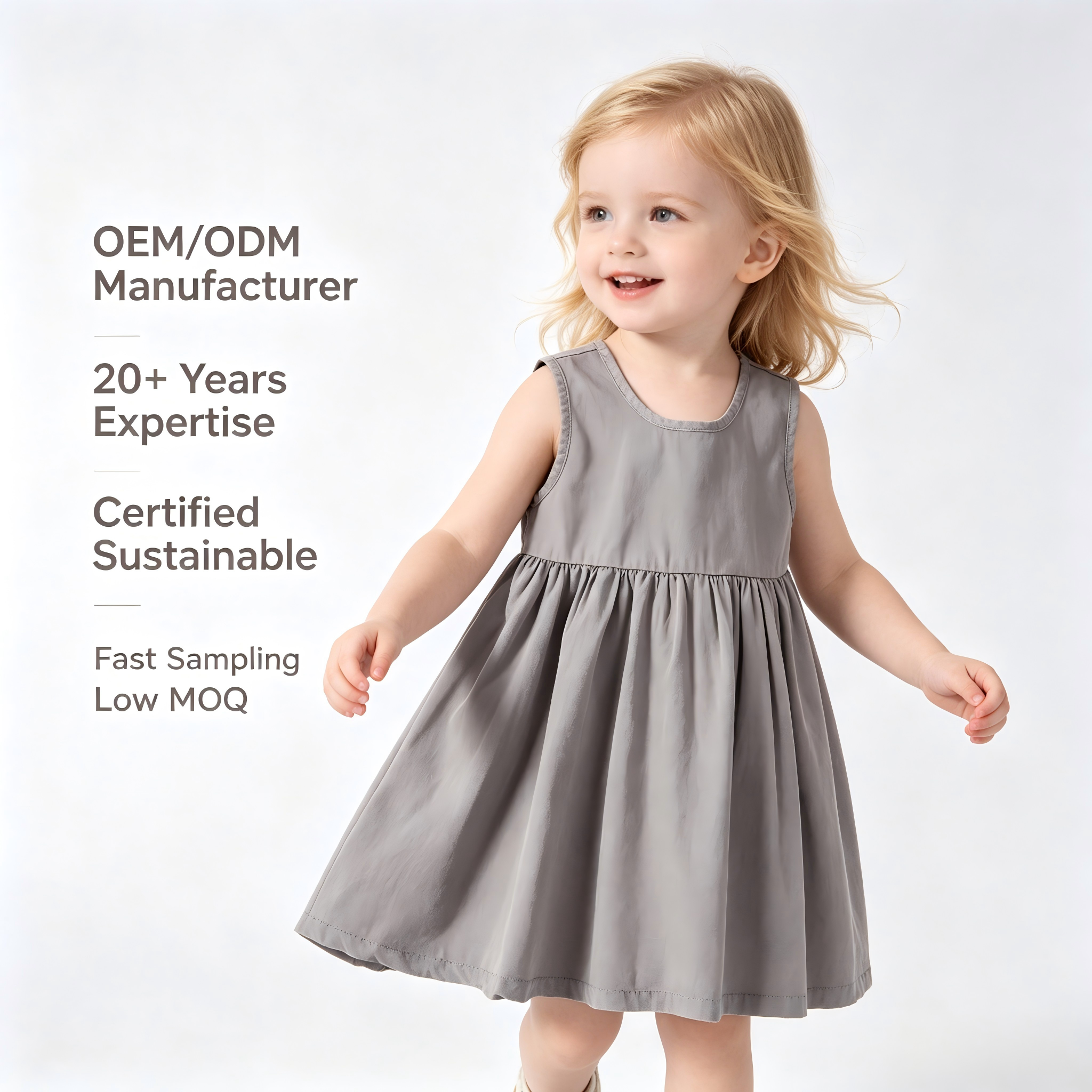 OEM/ODM 100% Cotton Tank Baby Girl Dress | Eco-Friendly Plant-Dyed Toddler Sun Dress | Custom Sustainable Botanical Grey Kids Apparel | Wholesale Premium Private Label Boutique Children Clothing