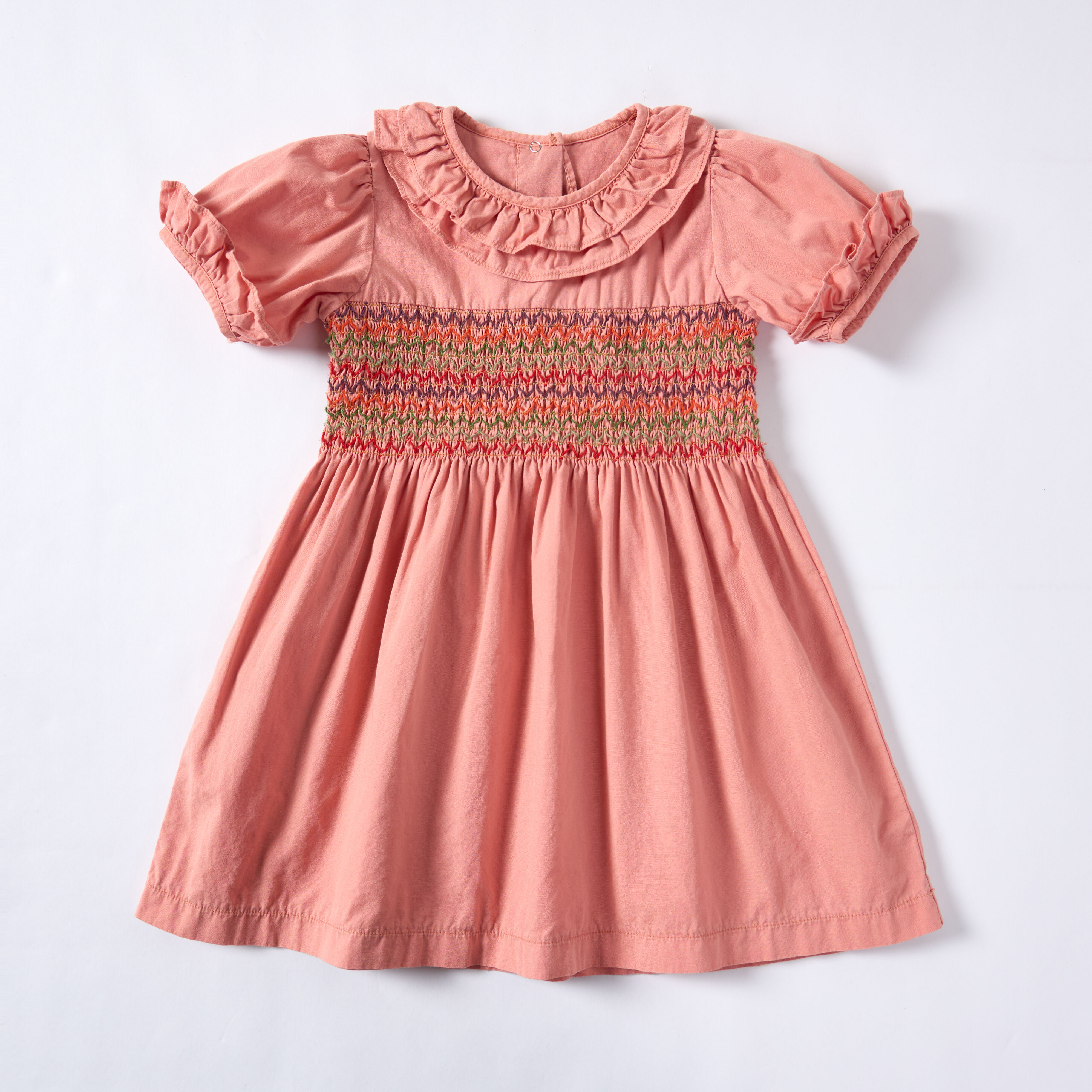 Orange-Pink Short-Sleeved Embroidered Smock Dress Dyed with Sappanwood Madder Pomegranate Peel