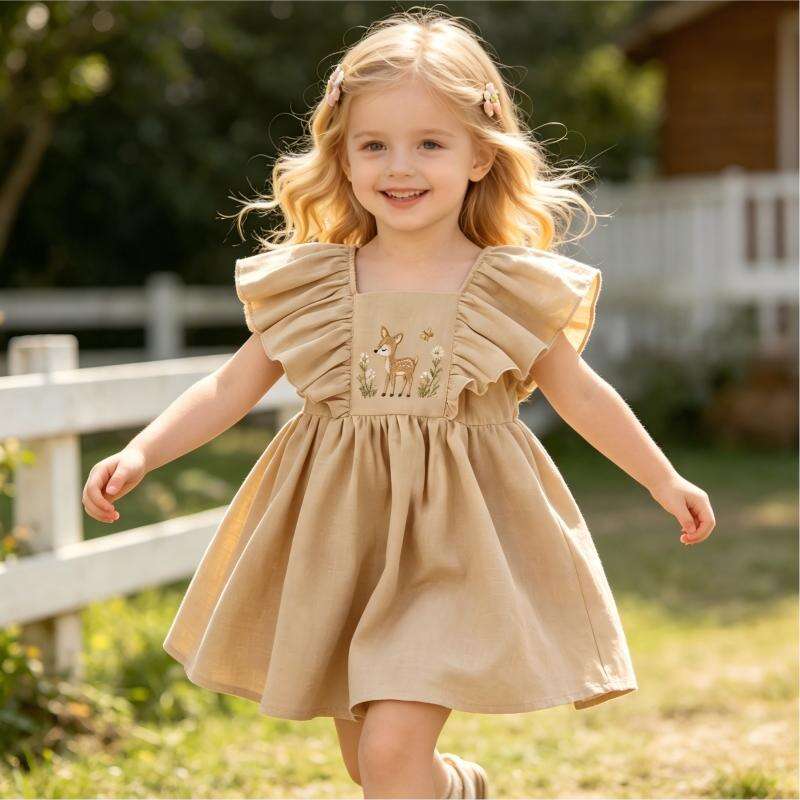 OEM ODM Custom Cotton Linen Baby Dress | Wholesale Ruffle Sleeve Deer Embroidered Toddler Dress | 55% Cotton 45% Linen Breathable Sustainable Kids Flare Dress Boutique Clothing Manufacturing Supplier