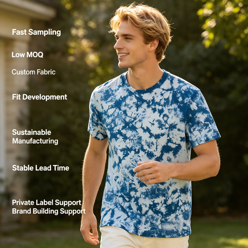 Zakázkové pánské tričko s technikou tie-dye, OEM/ODM | Výrobce triček z organické bavlny obarvených rostlinnými barvivy, určených pro udržitelné streetwearové a privátní značky módy