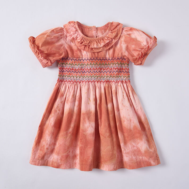 Tie-dye Orange-Pink Short-Sleeved Embroidered Smock Dress Dyed with Sappanwood Madder Pomegranate Peel