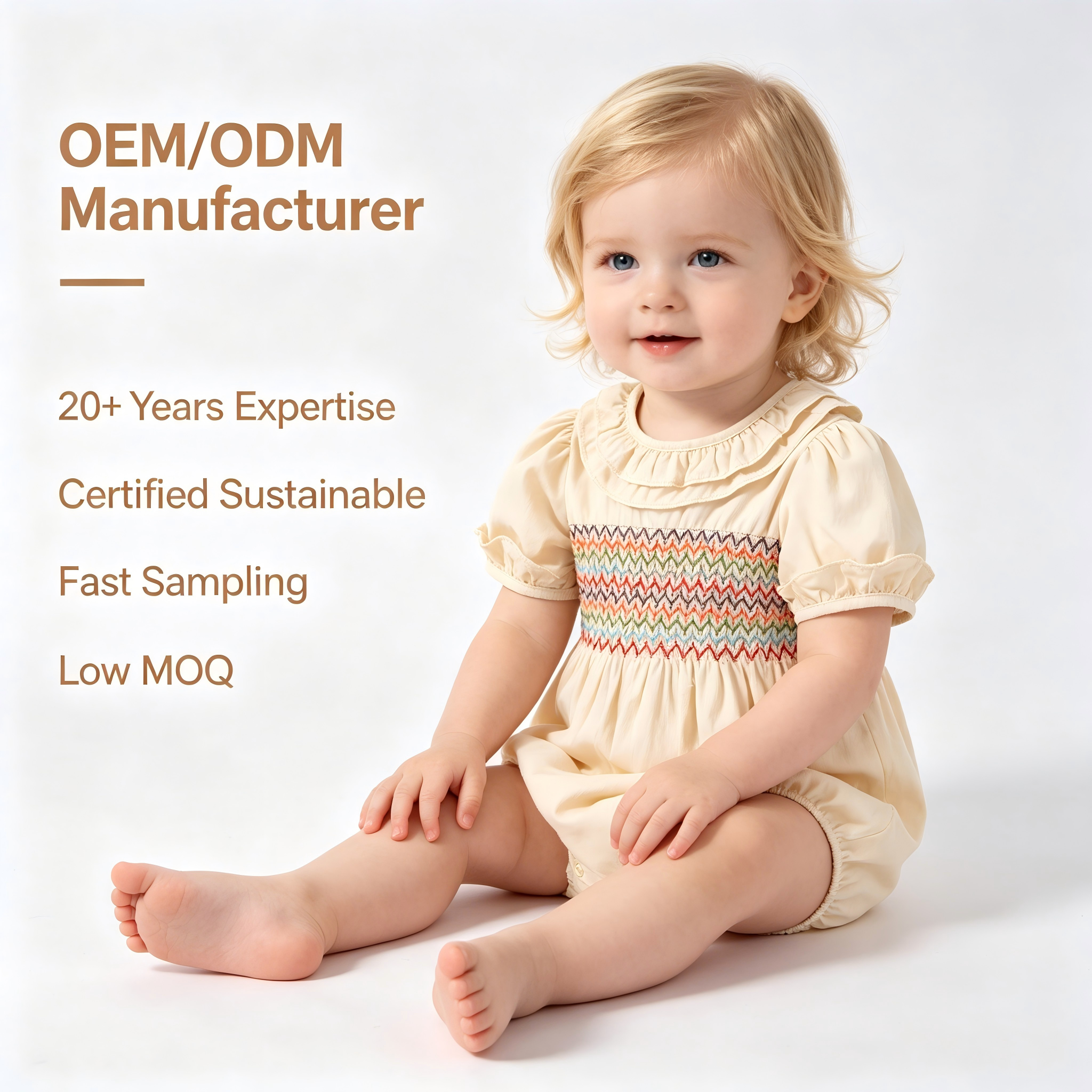 OEM/ODM Vintage 100% Cotton Smocked Baby Romper | Eco-Friendly Plant-Dyed Infant Jumpsuit | Custom Sustainable Ruffle Collar Newborn Bubble Bodysuit | Hand-Smocked Boutique Toddler Apparel Wholesale
