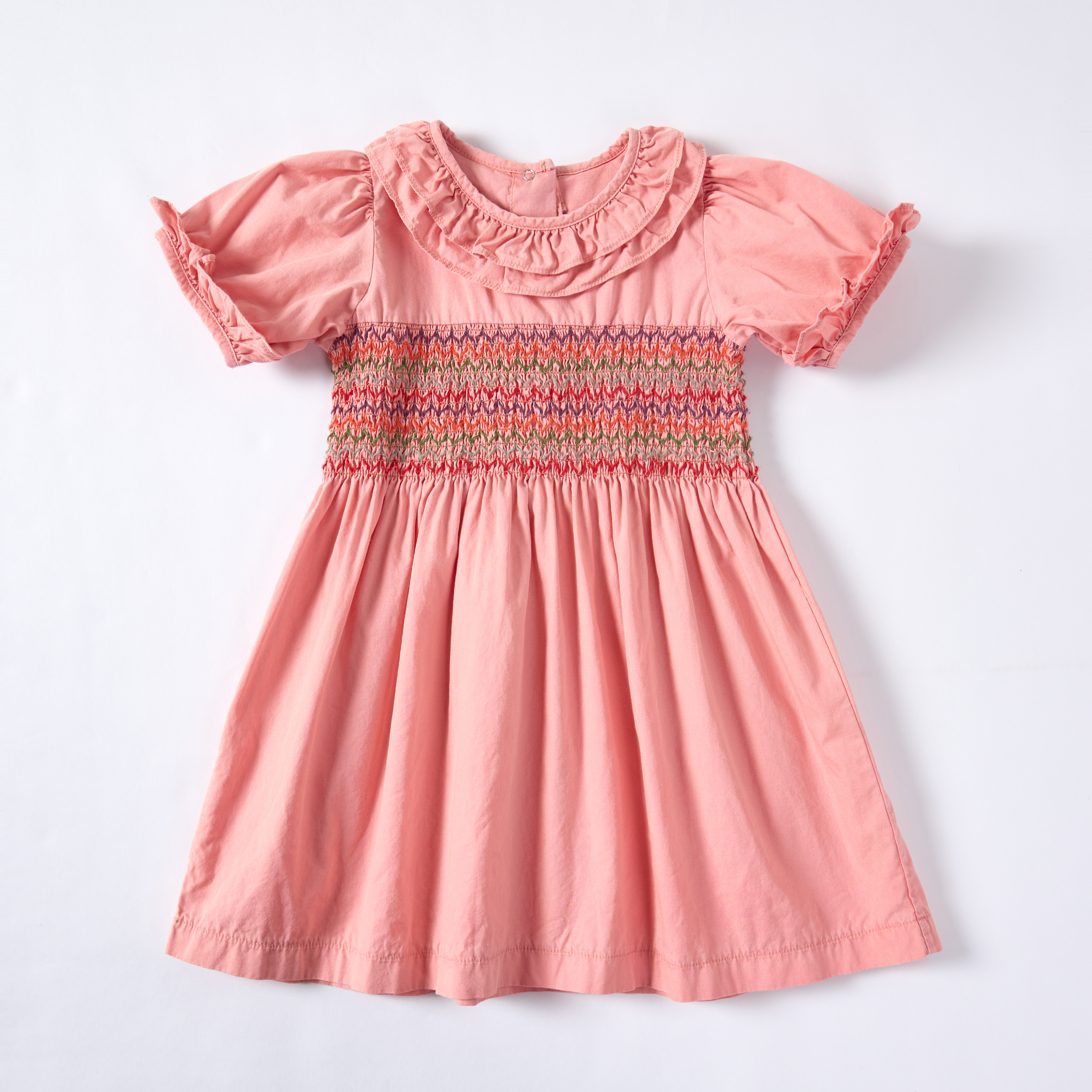 Pink Sappanwood and Madder Dyed Short-Sleeved Embroidered Smock Dress