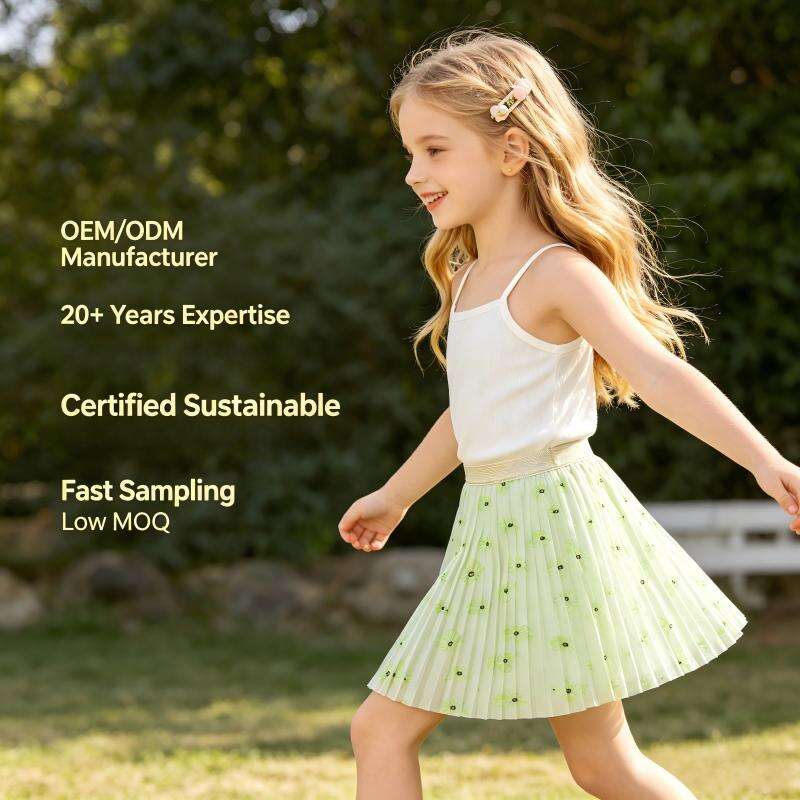 OEM ODM Girls Recycled Polyester Pleated Skirt | Custom Floral Print Kids Midi Skirt Manufacturer | Sustainable Children’s Clothing Supplier