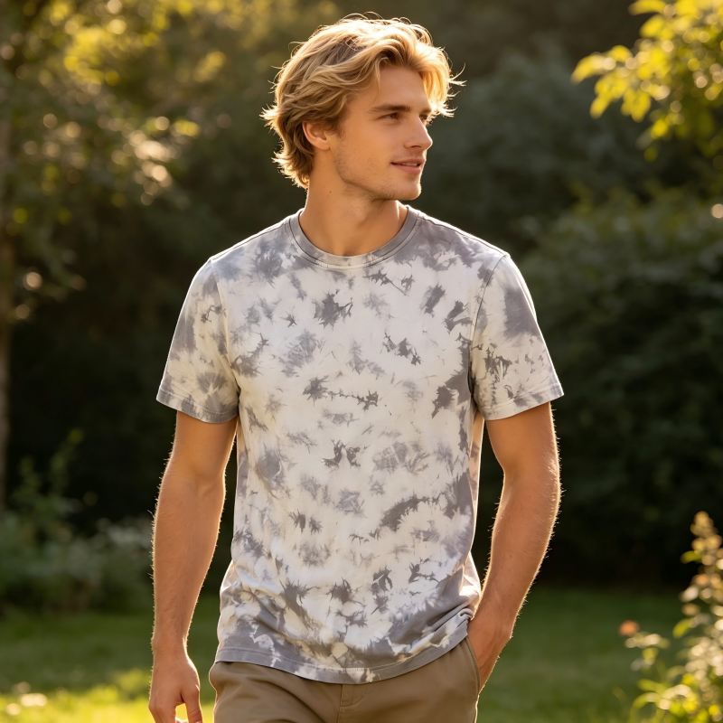 Zakázkový výrobce mužských triček s tie-dye potiskem z organické bavlny, tričko s kulatým výstřihem obarvené rostlinnými barvivy, OEM/ODM, udržitelné každodenní streetwear, sériová výroba