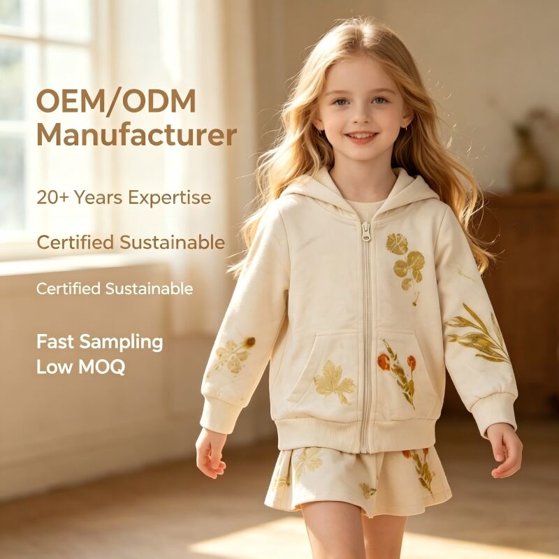 Sweat-shirts à capuche zippés pour enfants OEM/ODM, vestes entièrement zippées en éponge 100 % coton avec capuche et impression par transfert thermique naturellement teintée aux plantes, vêtements d’extérieur personnalisables pour enfants, respectueux de l’environnement, destinés aux marques durables