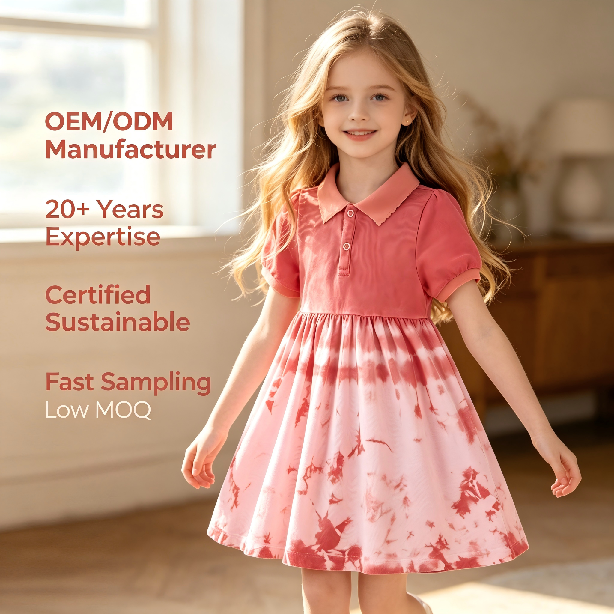 OEM/ODM 100% Cotton Toddler Girls Polo Dress Natural Plant Botanical Dyed Tie Dye Kids Summer Short Sleeve Puff Sleeve Dresses Custom Wholesale Private Label