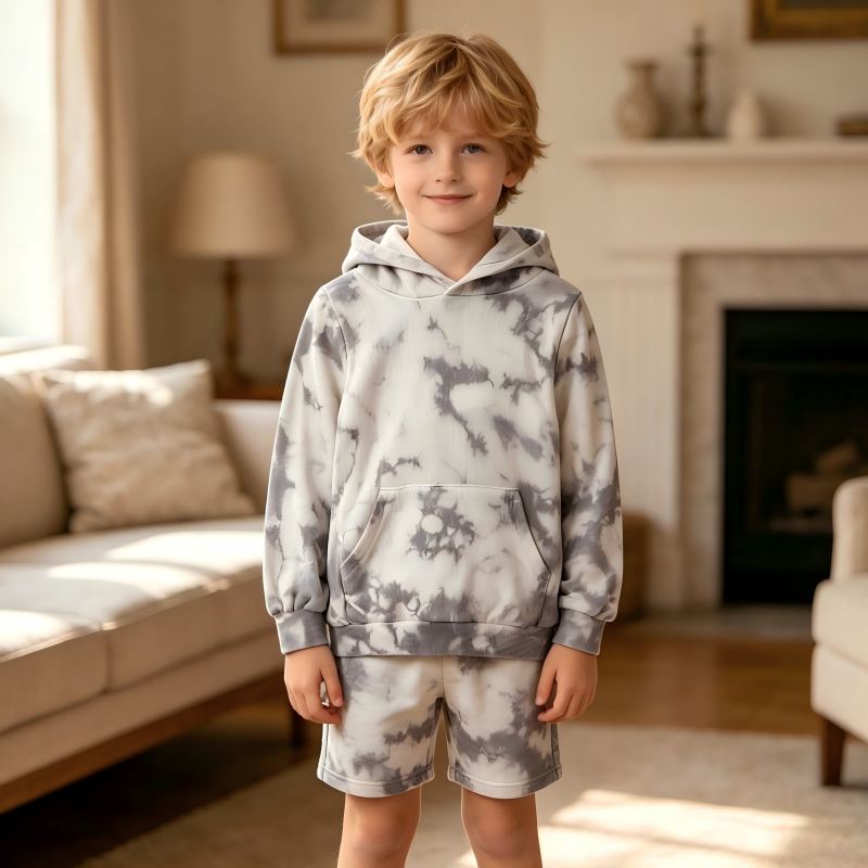 OEM/ODM Custom Children's Tie-Dye Hoodie | 100% Organic Cotton Grey Cloud Tie-Dye Pullover | Eco-Friendly Plant-Dyed Kids Sweatshirt for Private Label | Sustainable Non-Toxic Botanical Dye Toddler Wear | Wholesale Manufacturer