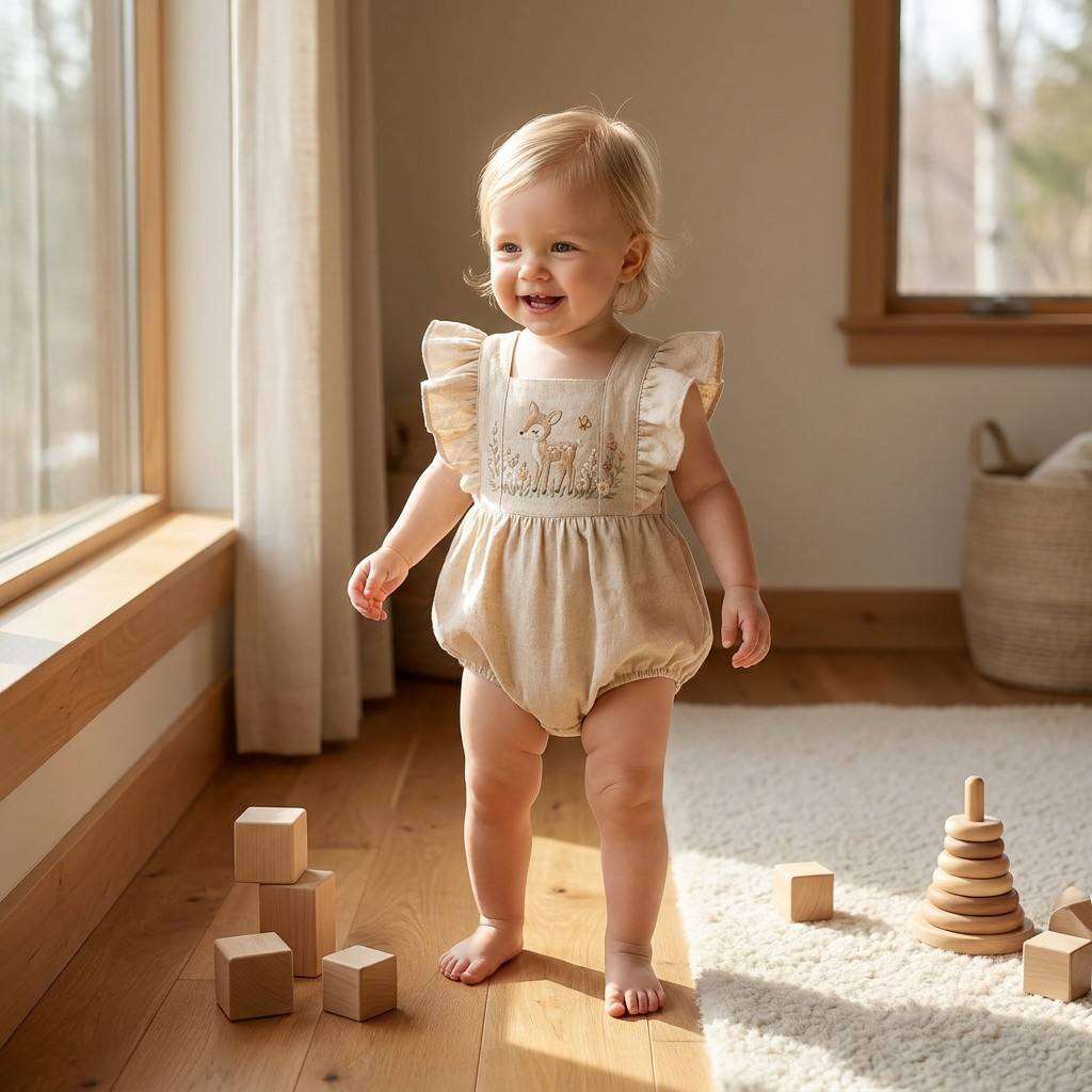 Bermuda-culotte en coton et lin personnalisé pour bébé fille, avec broderie de cerf | Fabricant OEM/ODM de combinaison soleil à dos croisé et volants pour nourrisson | Fournisseur de bodysuits doux et respirants pour nouveau-nés et tout-petits, avec fermeture par pressions pour couche, marque privée, vente en vrac
