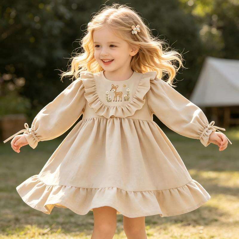 OEM ODM Custom Cotton Linen Baby Girl Dress | Wholesale Long Sleeve Ruffle Collar Toddler Dress | 55% Cotton 45% Linen Breathable Sustainable Kids Smock Dress Autumn Spring Boutique Apparel Factory Supplier