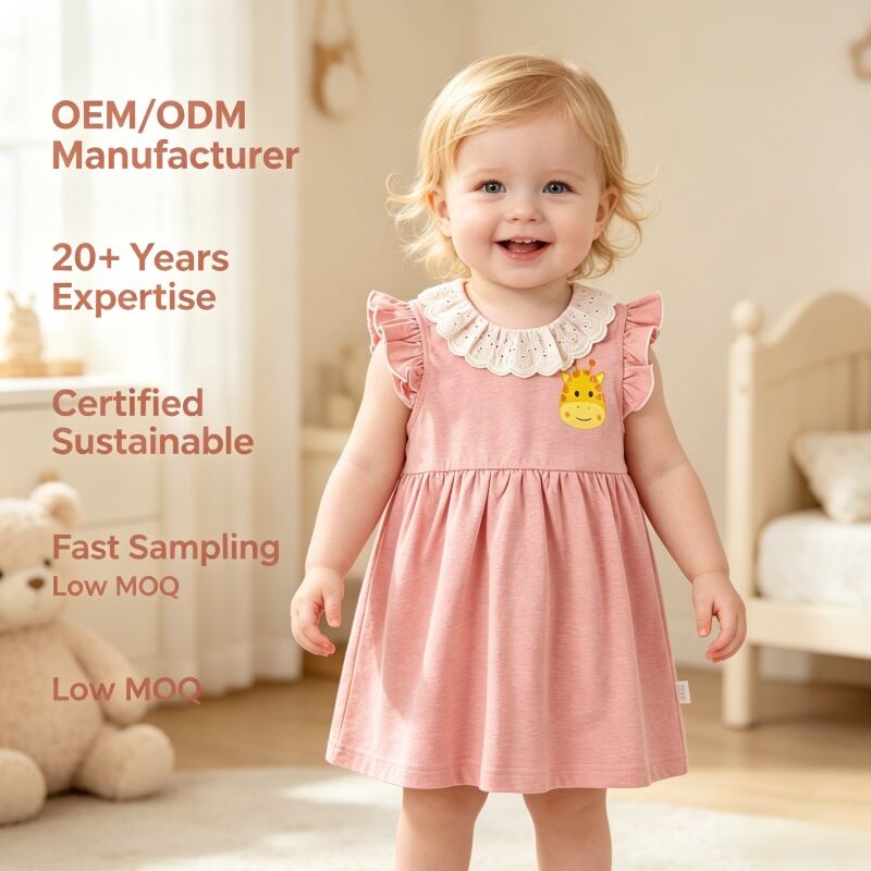 Vestido de Algodão para Bebê Menina com Gola de Renda e Mangas com Babados | Fabricante de Roupas para Bebês Tingidas com Plantas, OEM e ODM