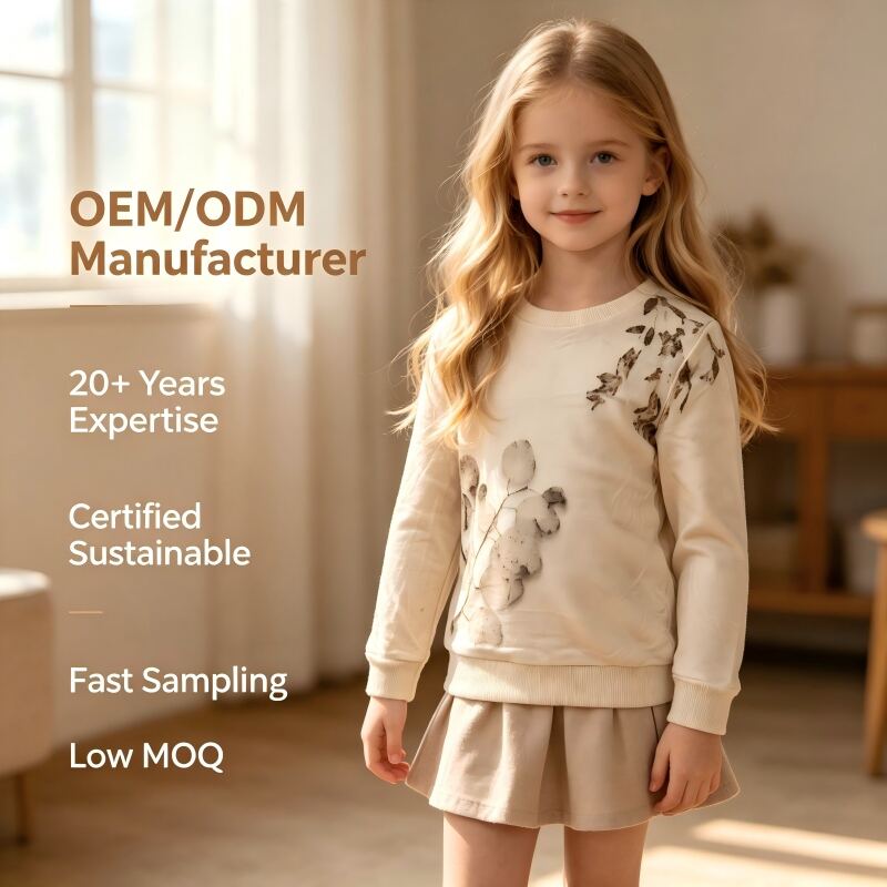 OEM ODM Kids Knit Sweater - 100% Cotton Terry Pullover with Natural Plant-Dyed Heat Transfer Print, Eco-Friendly Customizable Children’s Knitwear for Sustainable Brands