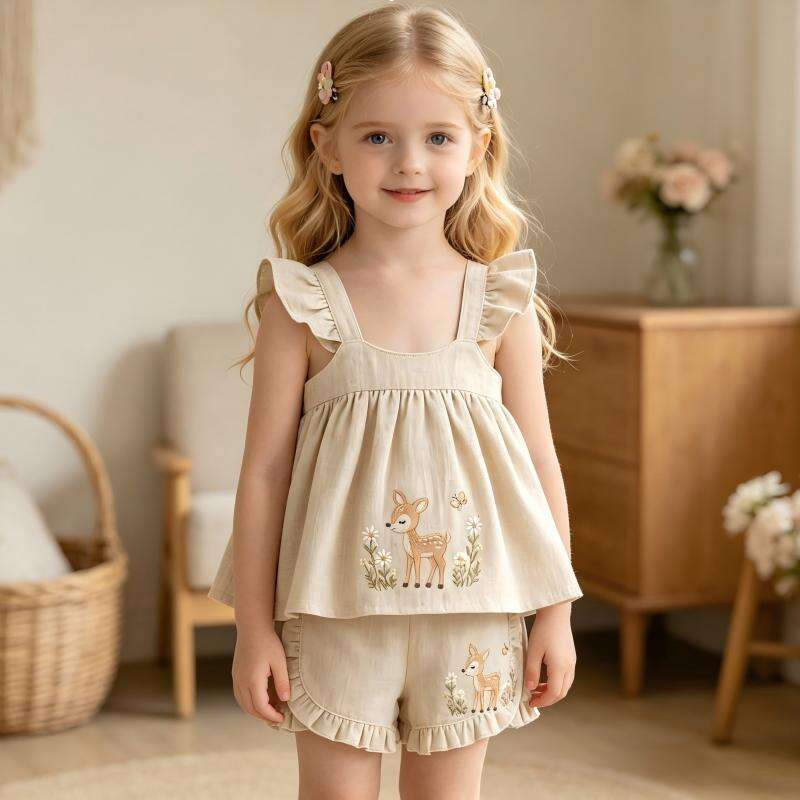OEM ODM Custom Cotton Linen Baby Girl Set | Wholesale Sleeveless Top and Shorts Two-Piece Toddler Outfit | 55% Cotton 45% Linen Breathable Sustainable Kids Deer Embroidered Summer Clothes Boutique Factory Supplier
